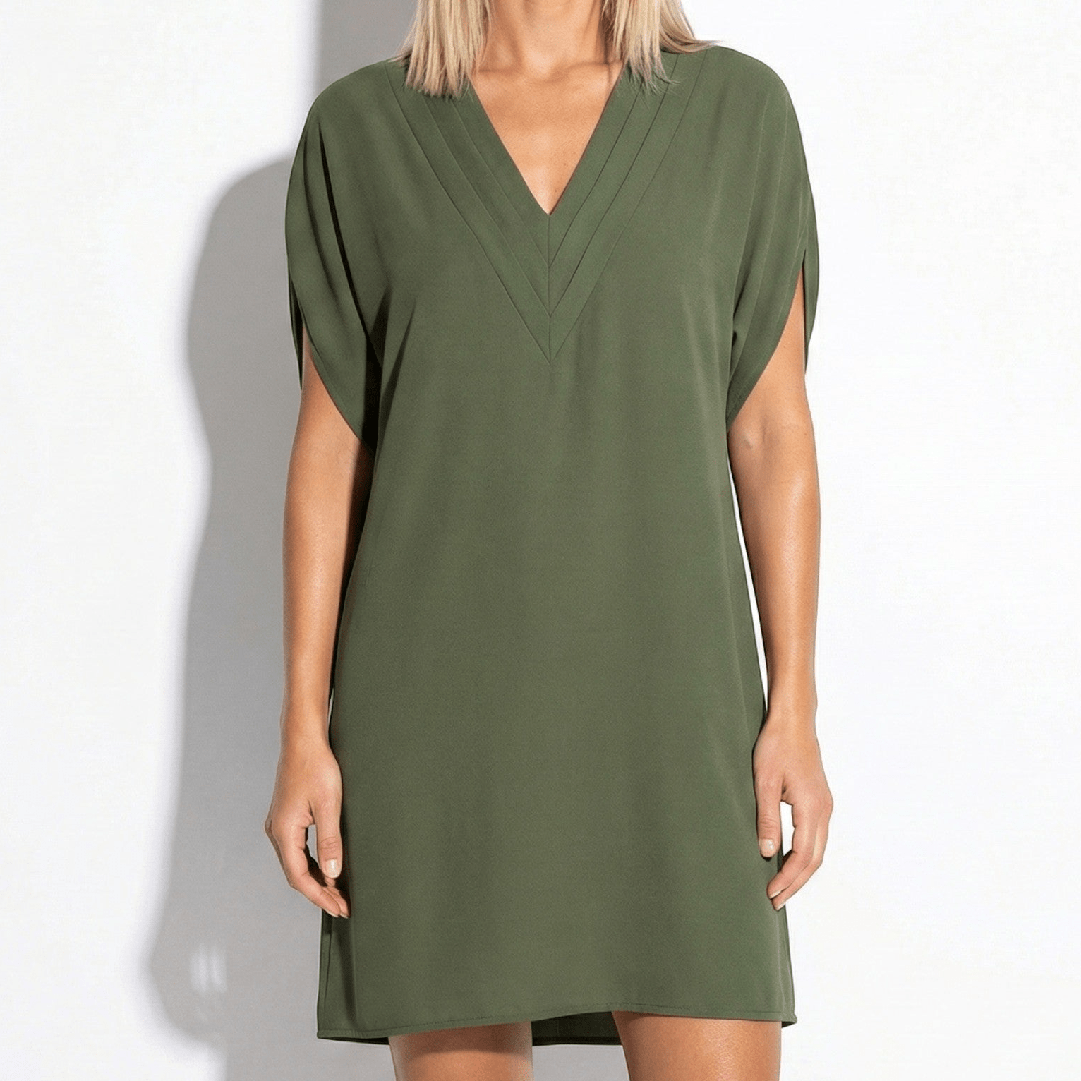 Emma - Women’s V Neck Dress with Relaxed Fit and Short Sleeves - Dress - Army Green - Jones & Smith