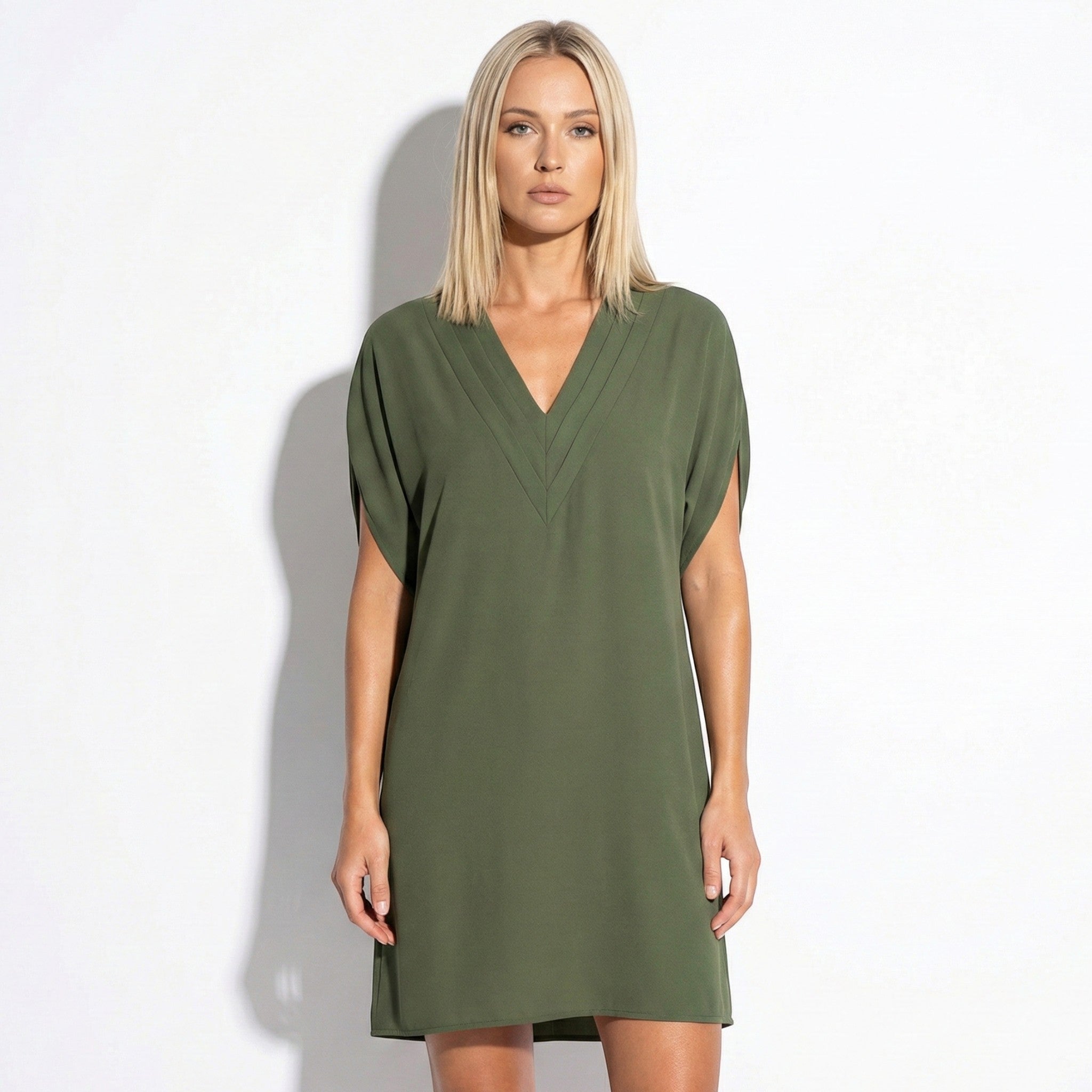 Emma - Women’s V Neck Dress with Relaxed Fit and Short Sleeves - Dress - Army Green - Jones & Smith