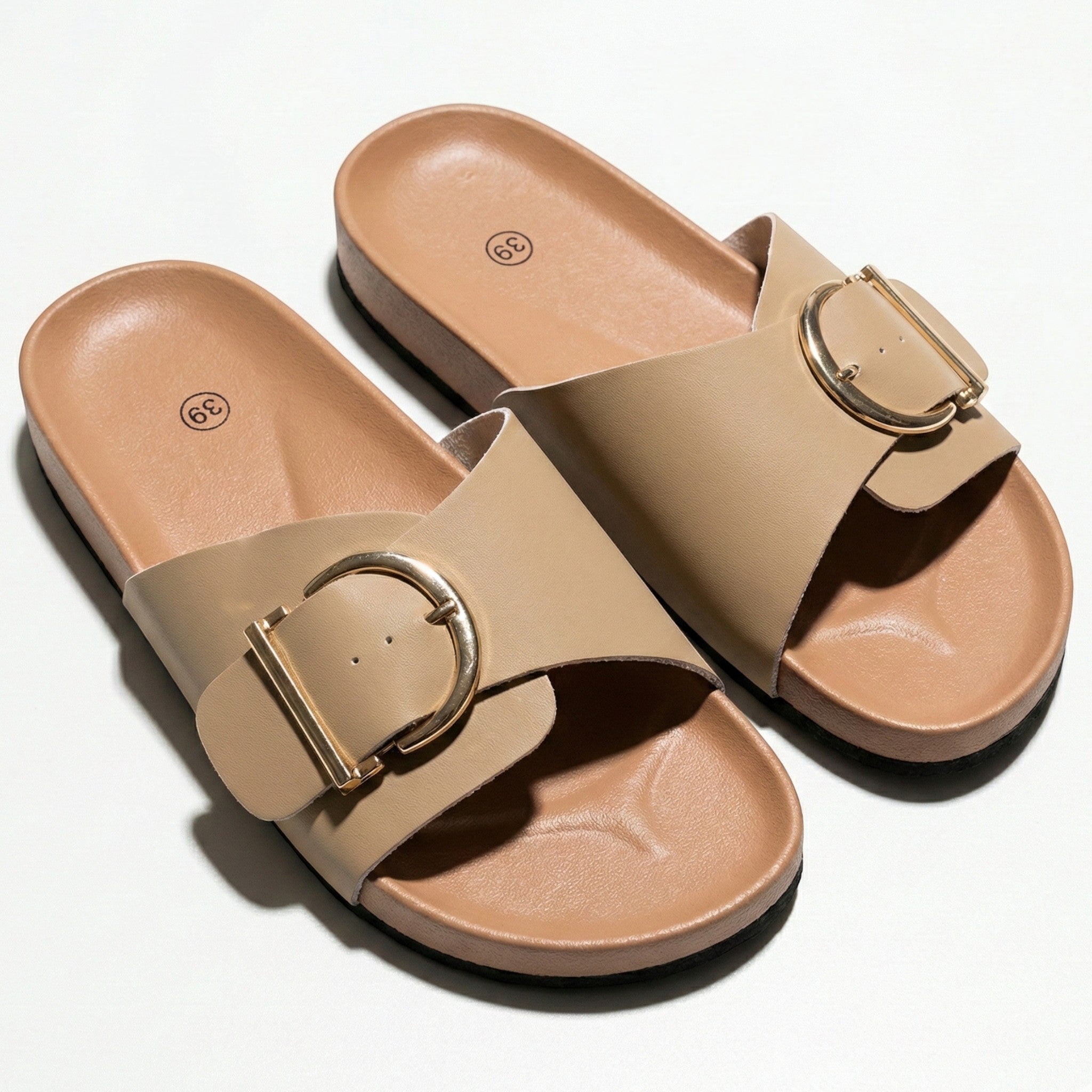 Evie - Women's Cork Mules with Buckle Strap Sandals - Sandals - Khaki - Jones & Smith