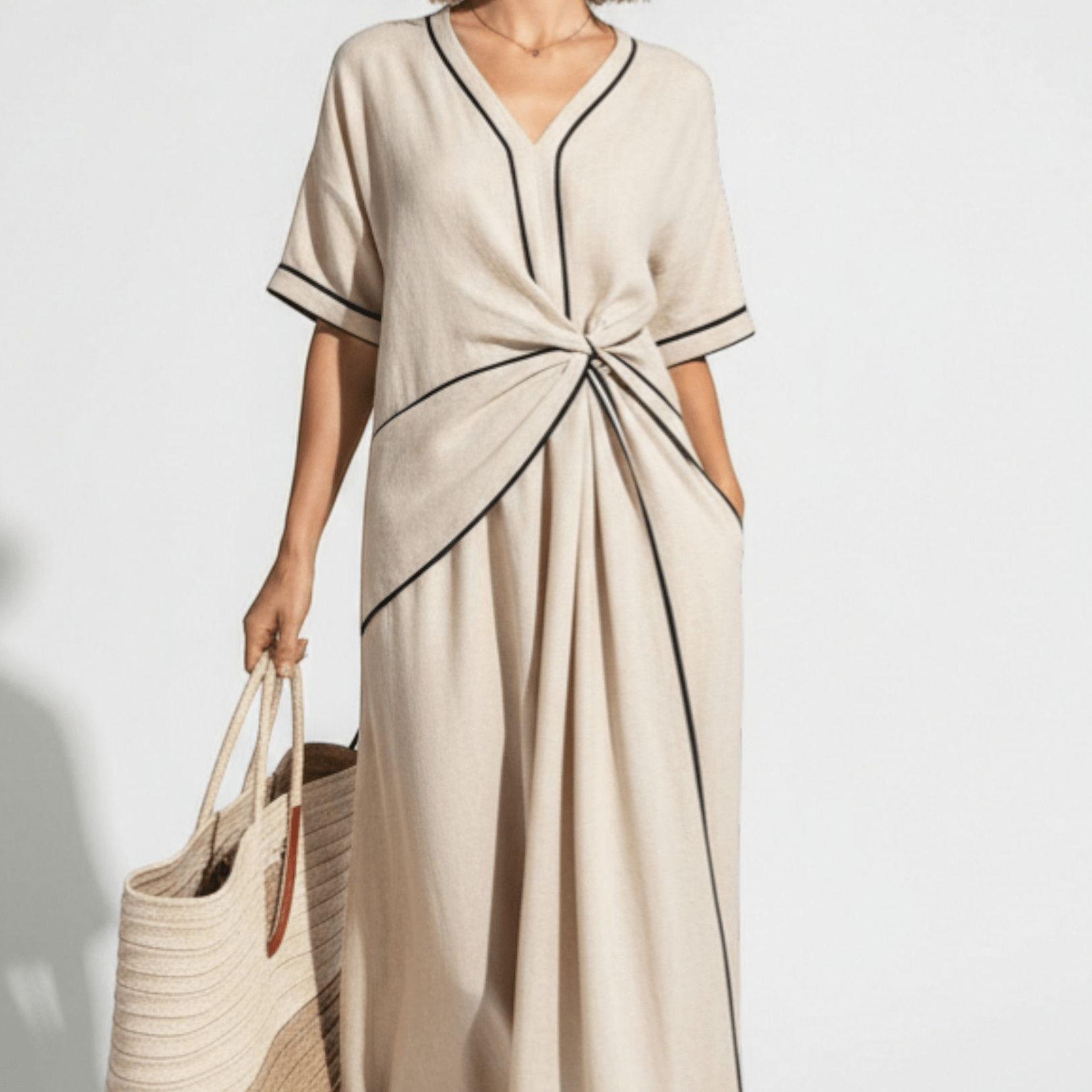 Evie - Women's Loose V - Neck Maxi Dress with Contrast Trim - Dress - Apricot - Jones & Smith