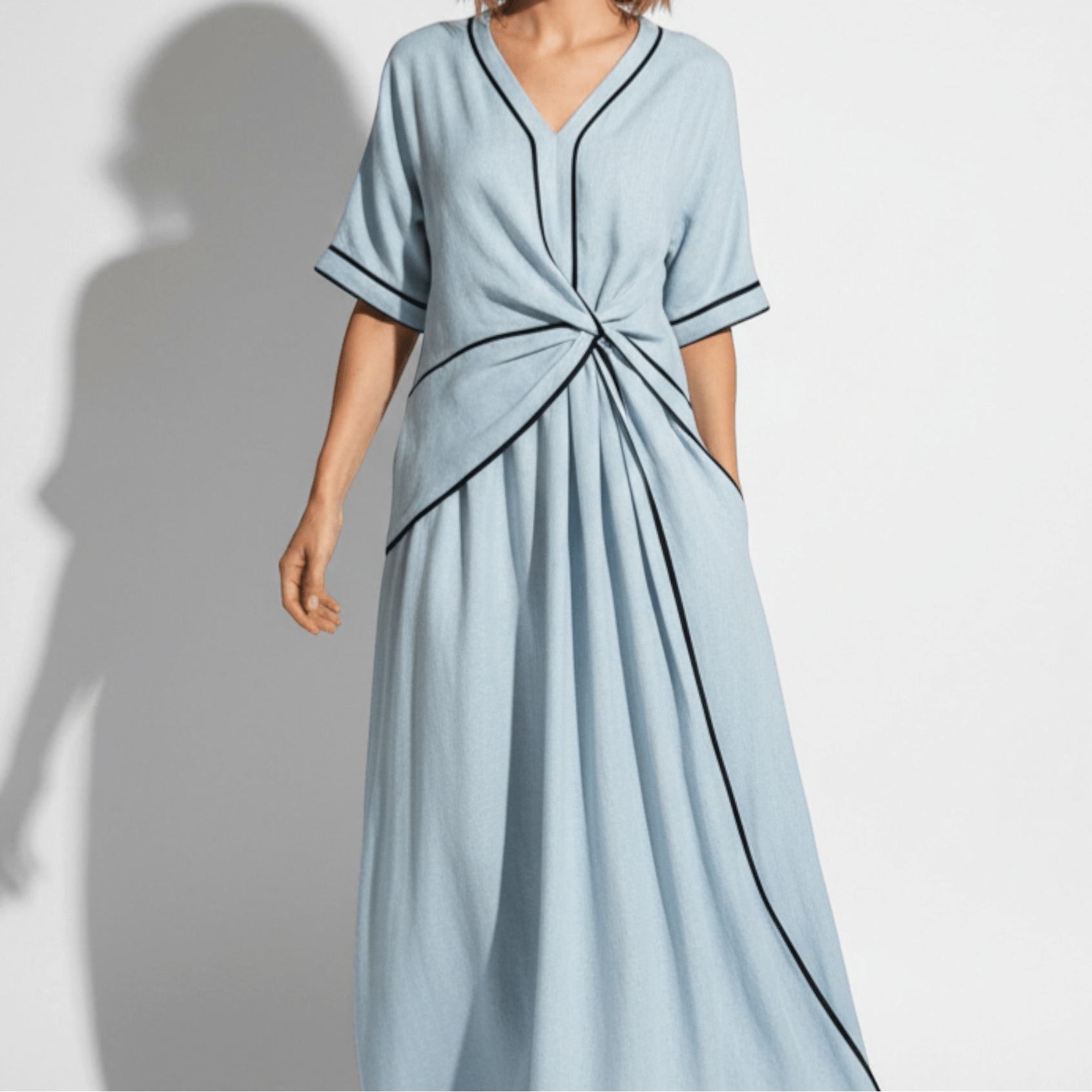 Evie - Women's Loose V - Neck Maxi Dress with Contrast Trim - Dress - Light Blue - Jones & Smith
