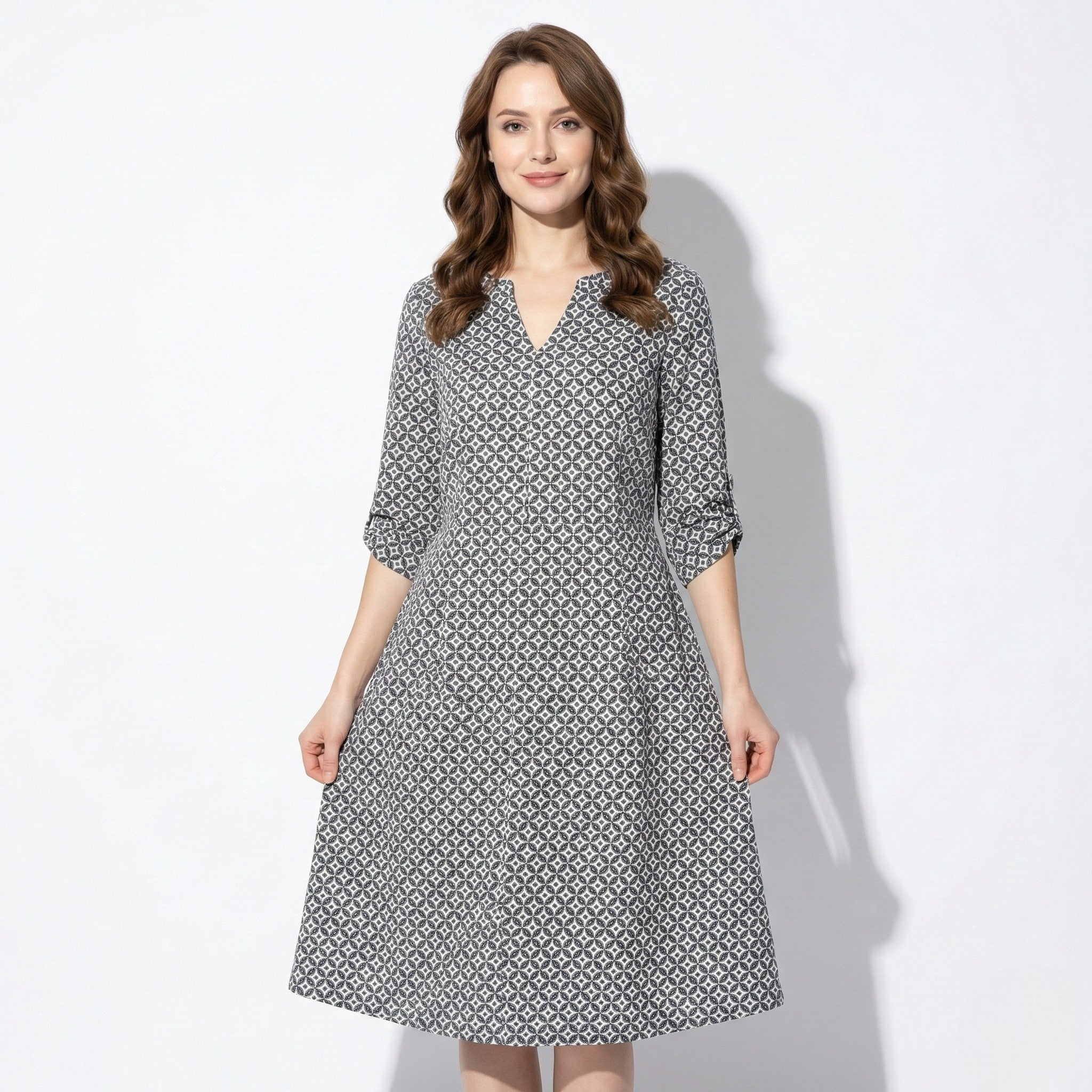 Evie - Women's Midi Dress with Split Neckline and 3/4 Sleeves - Dress - Grey - Jones & Smith