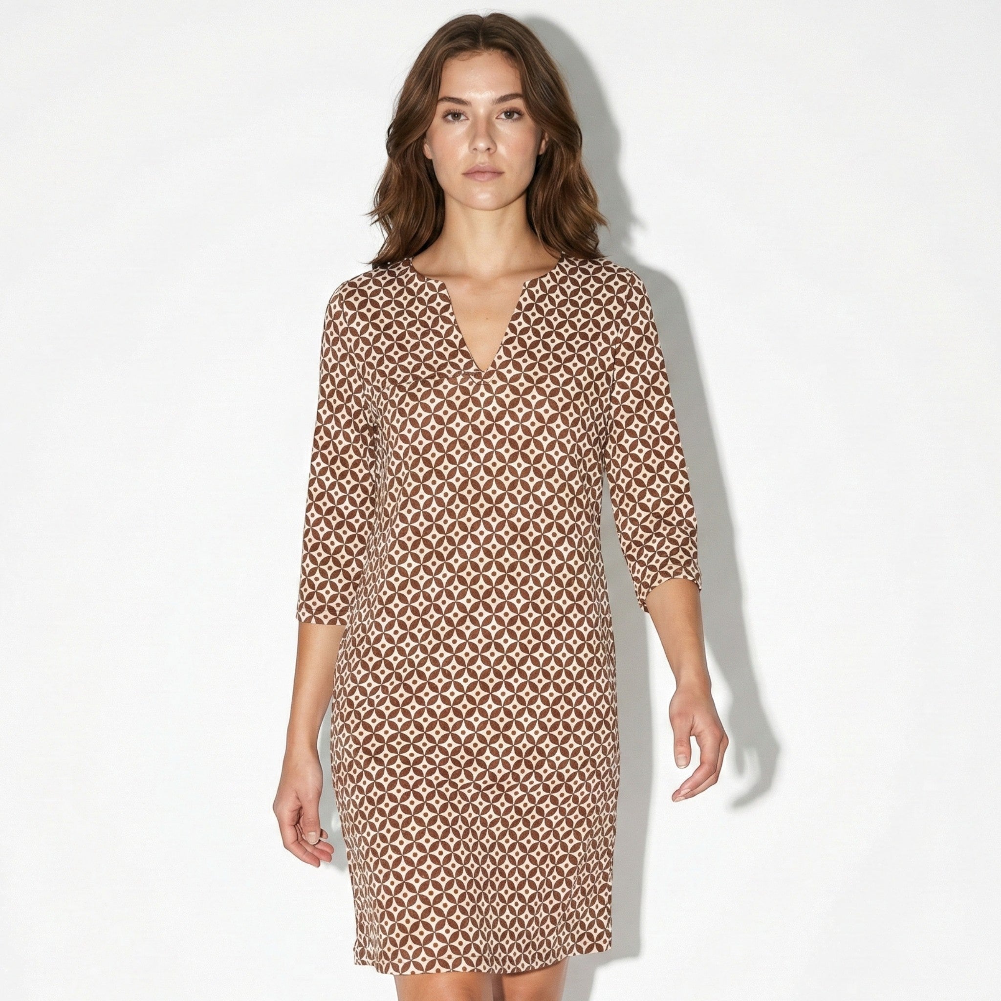 Evie - Women's Midi Dress with Split Neckline and 3/4 Sleeves - Dress - Brown - Jones & Smith