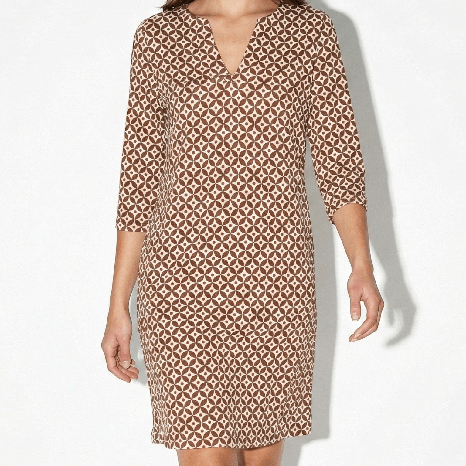 Evie - Women's Midi Dress with Split Neckline and 3/4 Sleeves - Dress - Brown - Jones & Smith