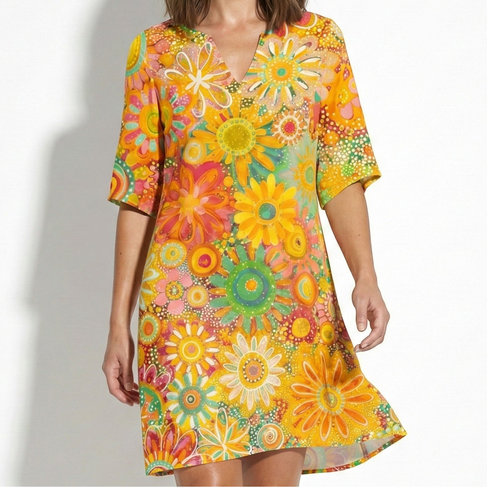 Florence - Women's Floral Print V - Neck Midi Dress - Women Dress - Yellow - Jones & Smith