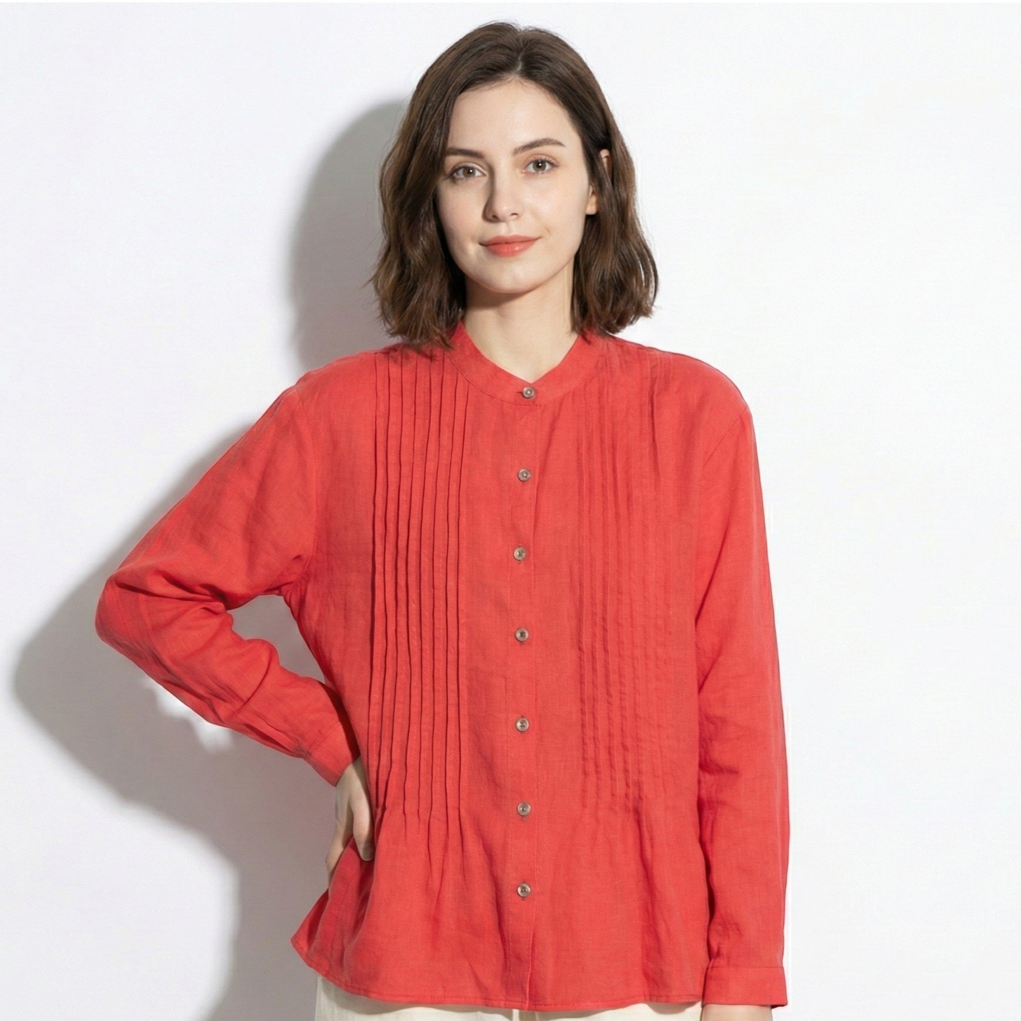 Florence - Women's Long Sleeve Pleated Blouse with Stand Collar - long sleeved tops - Red - Jones & Smith