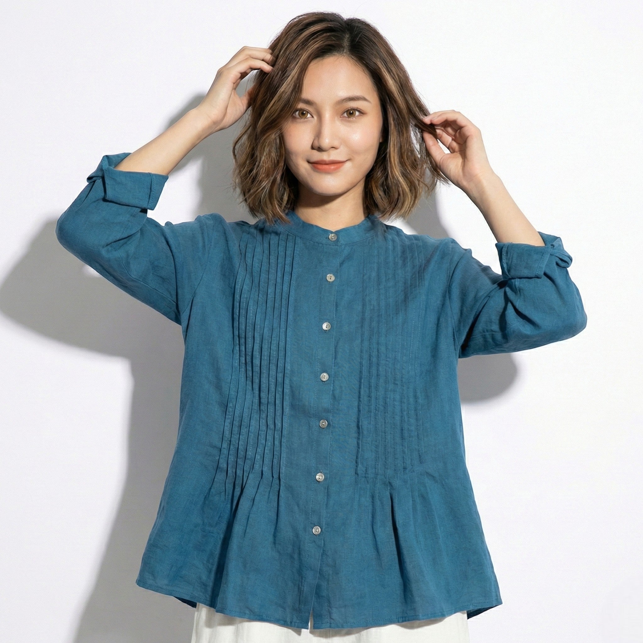 Florence - Women's Long Sleeve Pleated Blouse with Stand Collar - long sleeved tops - Blue - Jones & Smith