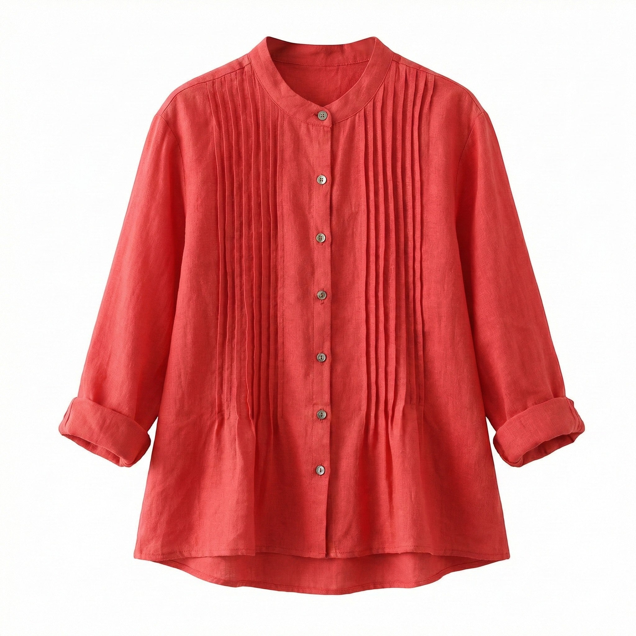 Florence - Women's Long Sleeve Pleated Blouse with Stand Collar - long sleeved tops - Red - Jones & Smith