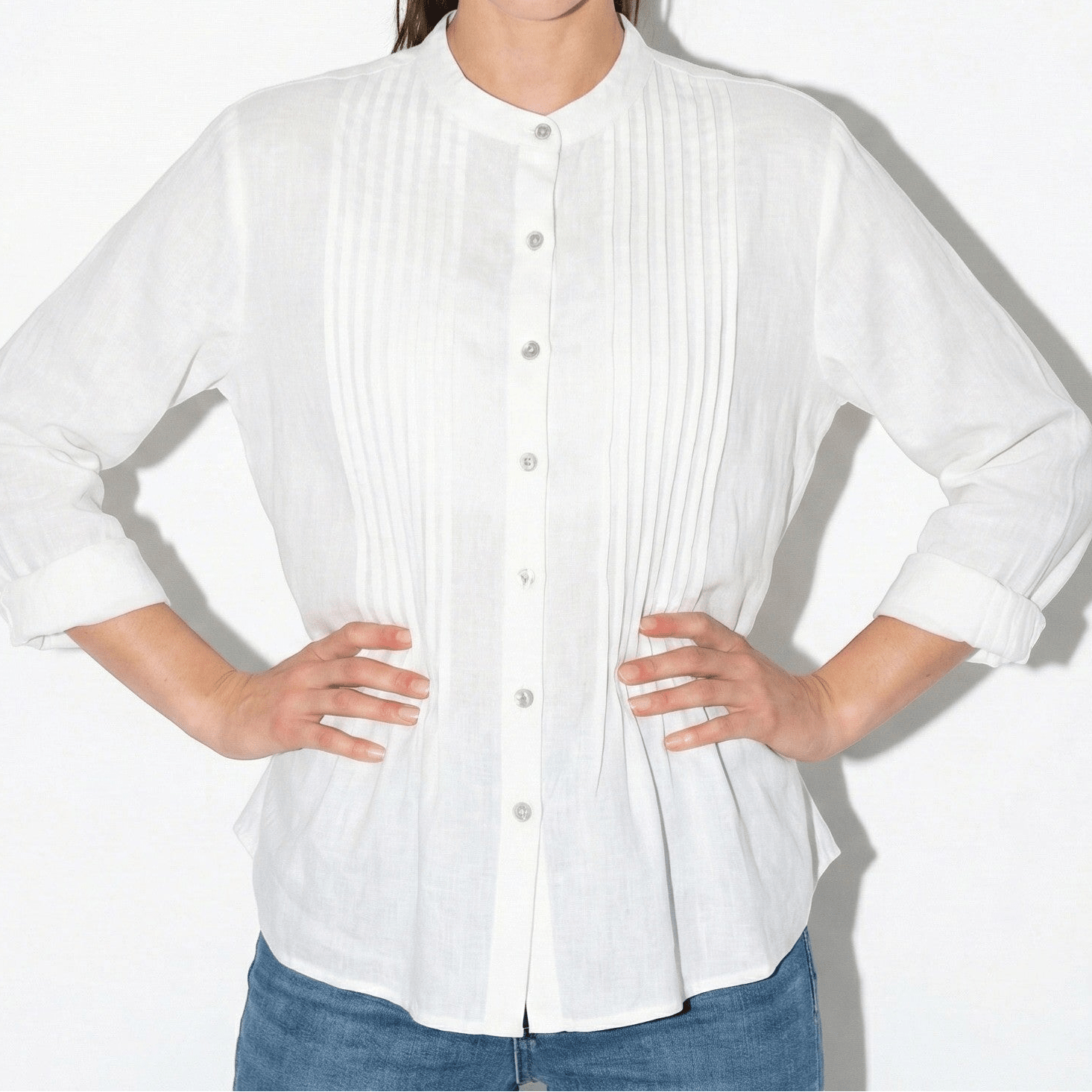 Florence - Women's Long Sleeve Pleated Blouse with Stand Collar - long sleeved tops - White - Jones & Smith