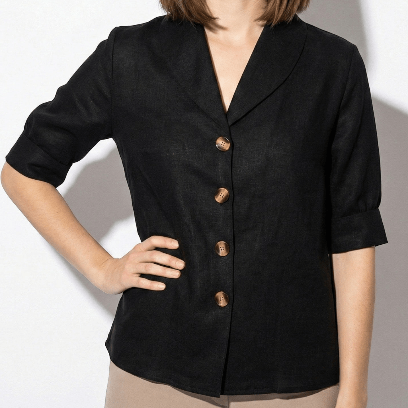 Florence - Women’s Short Sleeve Blouse with Shawl Collar - Women Blouse - Black - Jones & Smith