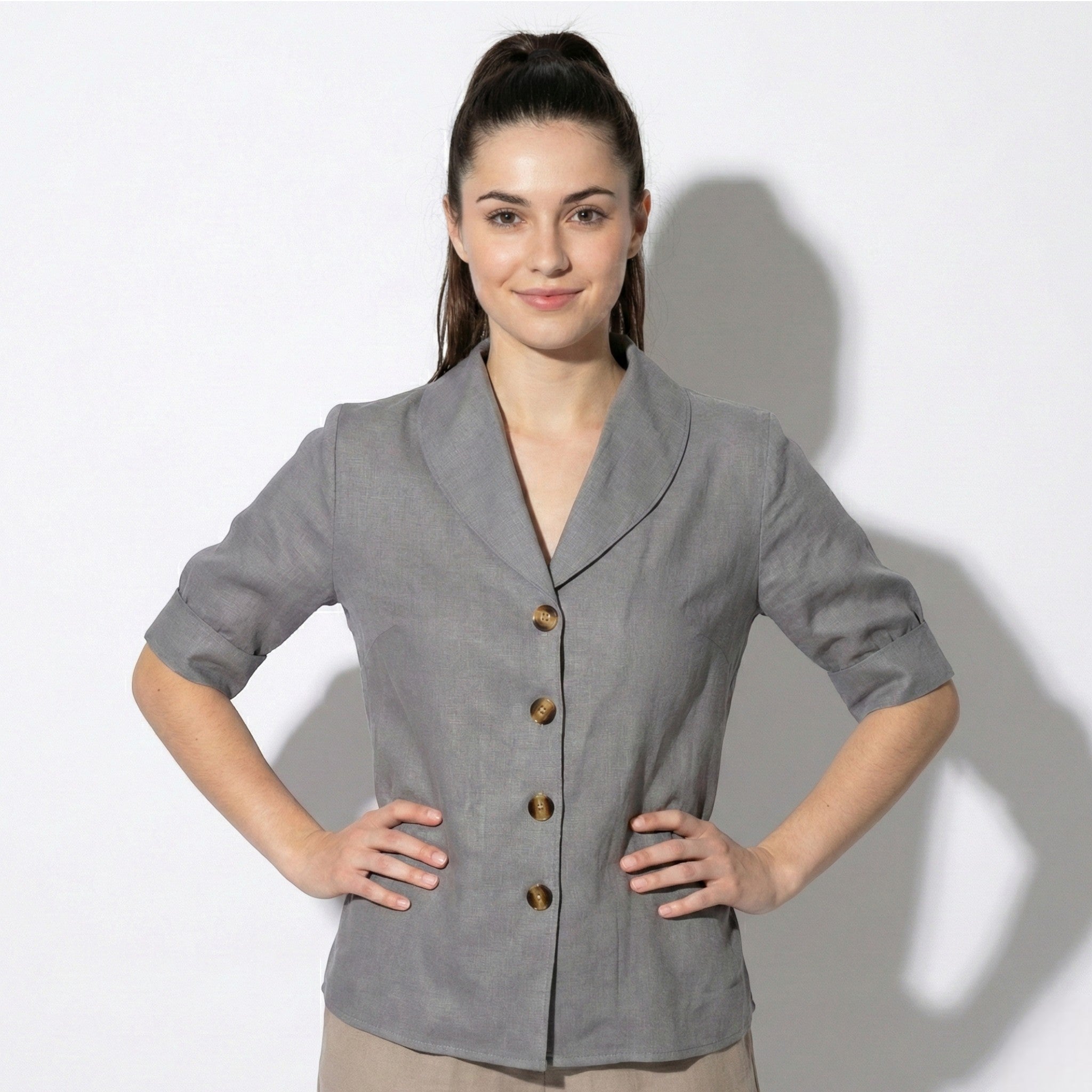 Florence - Women’s Short Sleeve Blouse with Shawl Collar - Women Blouse - Grey - Jones & Smith