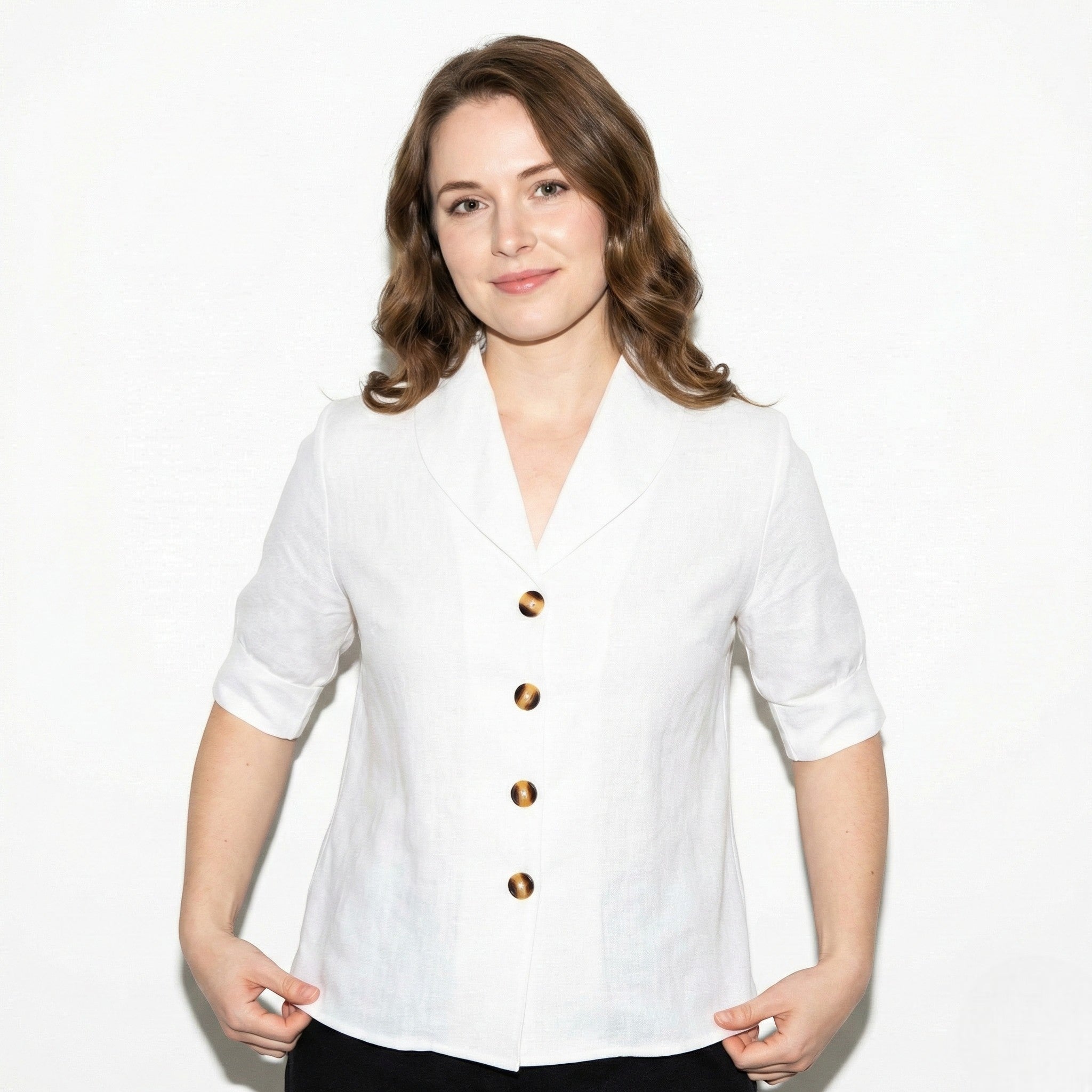 Florence - Women’s Short Sleeve Blouse with Shawl Collar - Women Blouse - White - Jones & Smith