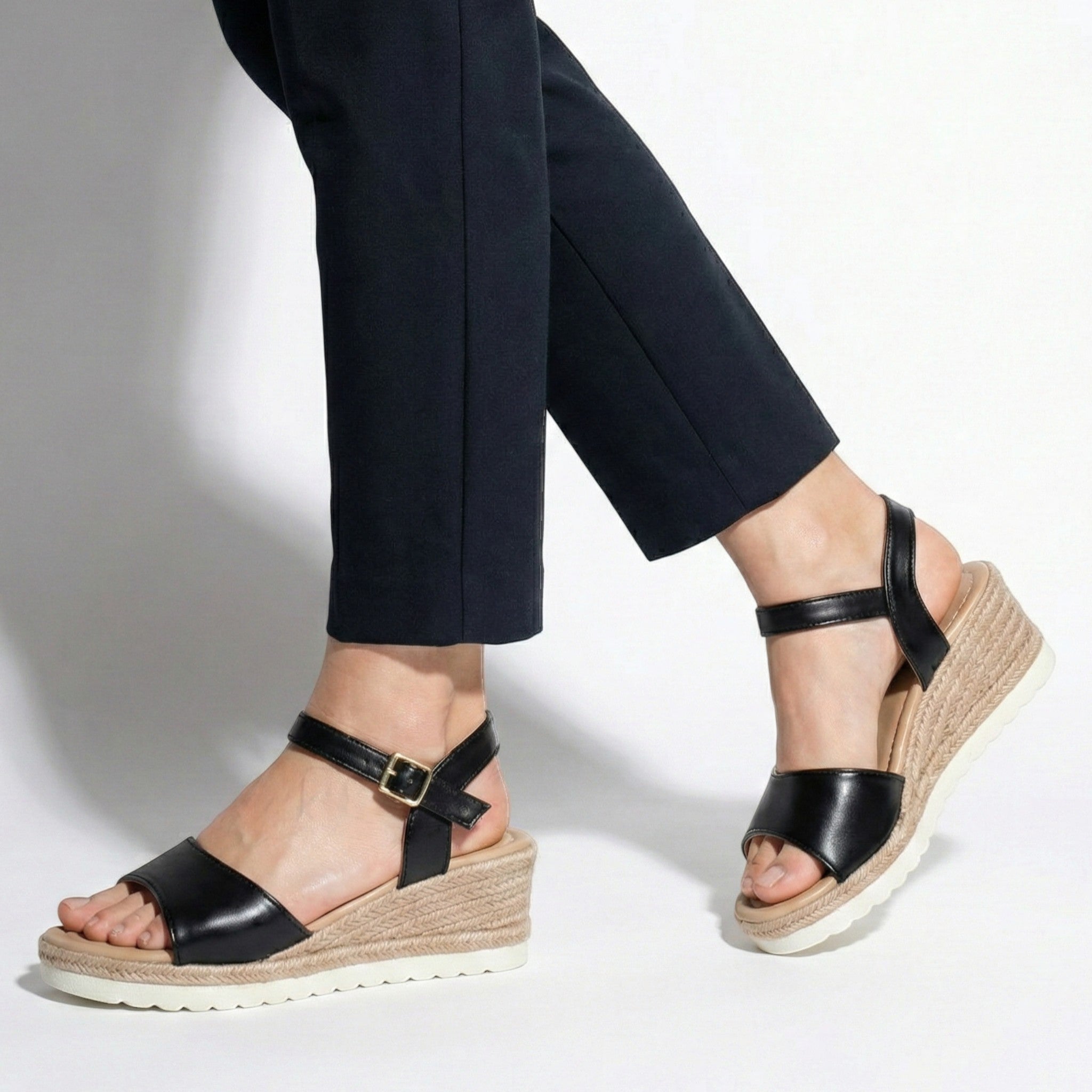 Florence - Women's Wedge Sandals with Adjustable Ankle Straps - Sandals - Black - Jones & Smith