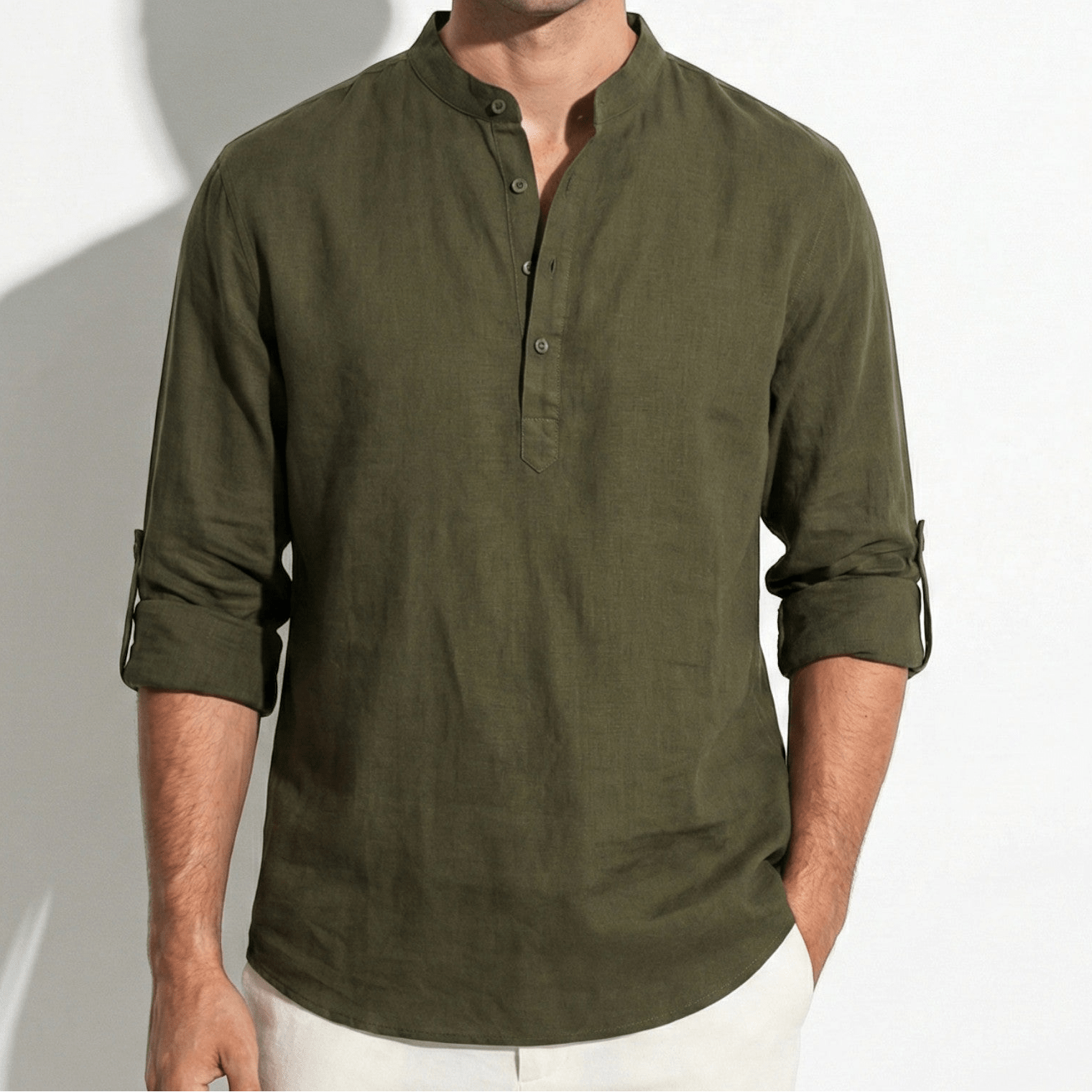 Freddie - Men's Casual Long Sleeve Shirt with Open Collar - Shirt - Army Green - Jones & Smith