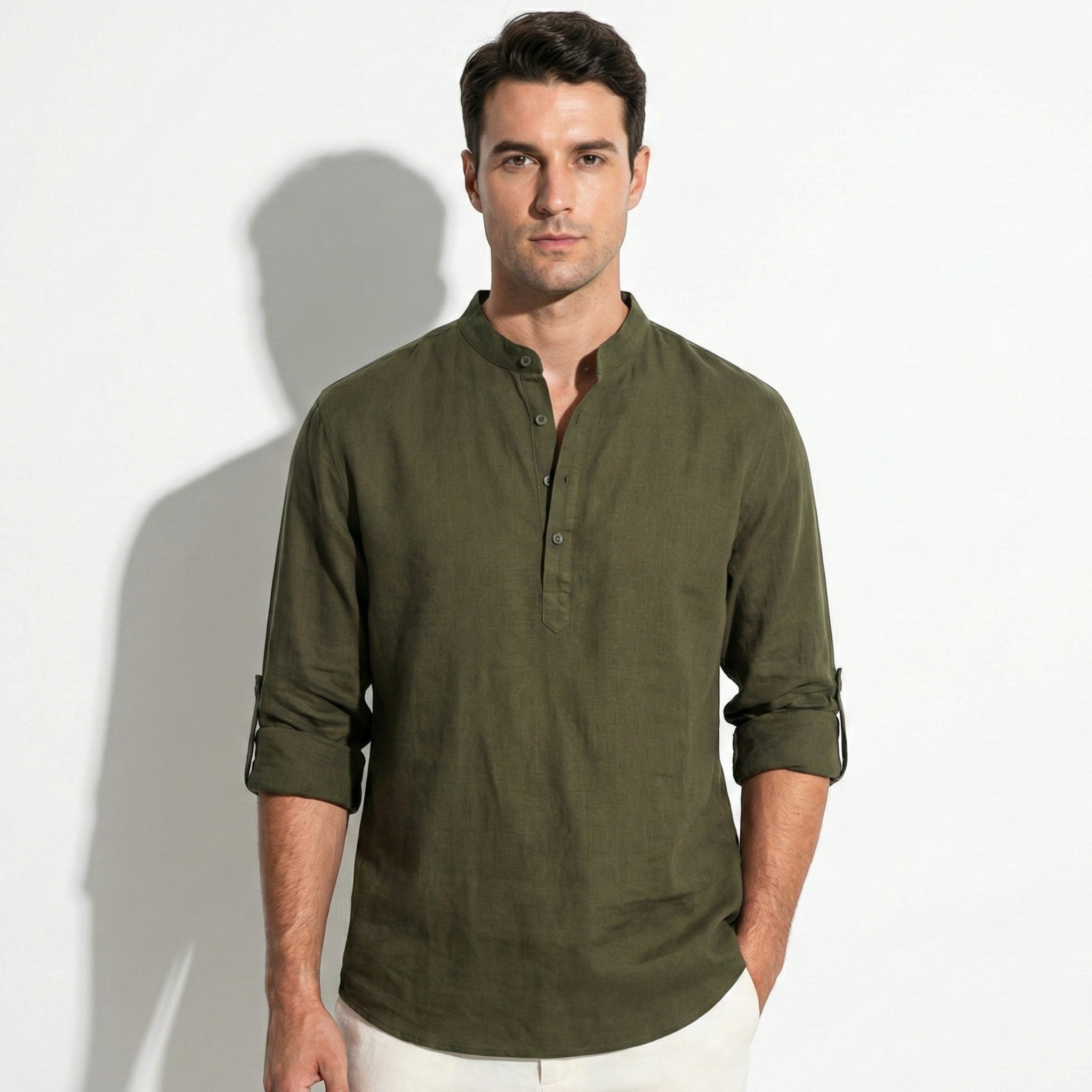 Freddie - Men's Casual Long Sleeve Shirt with Open Collar - Shirt - Army Green - Jones & Smith