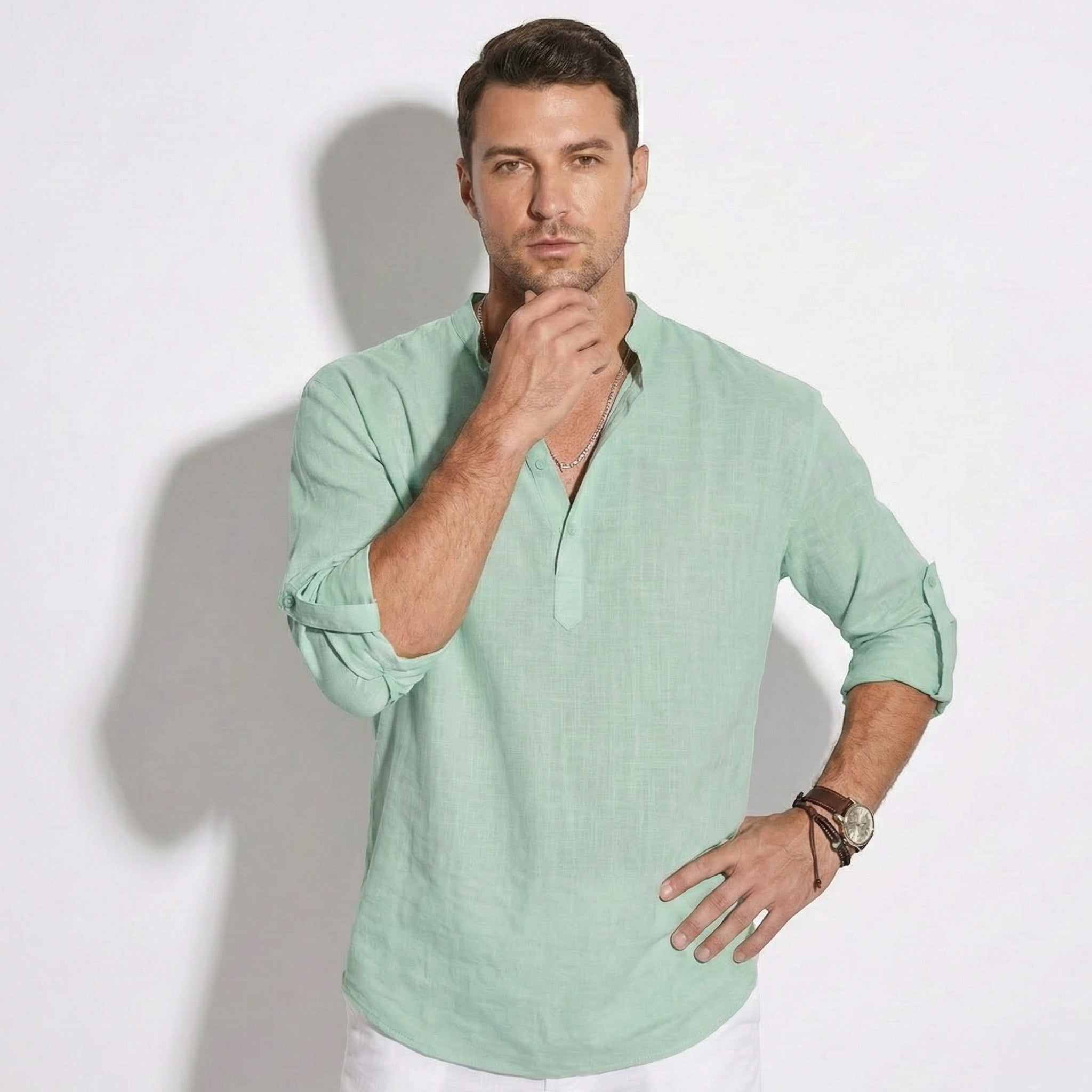 Freddie - Men's Casual Long Sleeve Shirt with Open Collar - Shirt - Mint Green - Jones & Smith