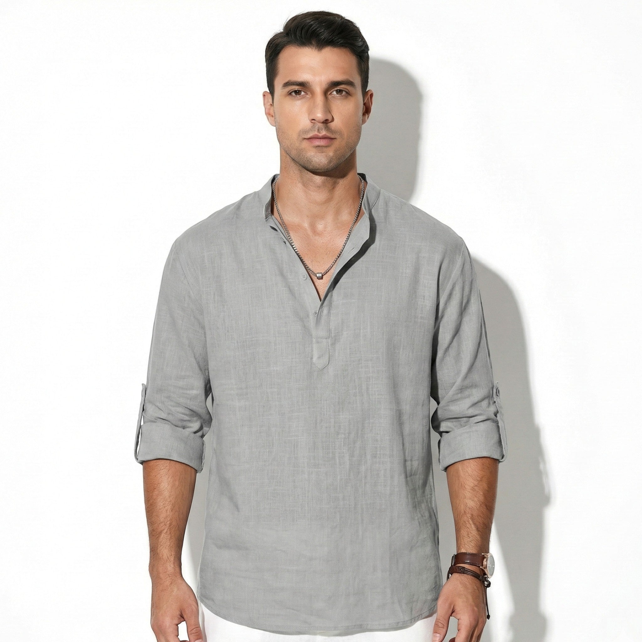 Freddie - Men's Casual Long Sleeve Shirt with Open Collar - Shirt - Grey - Jones & Smith