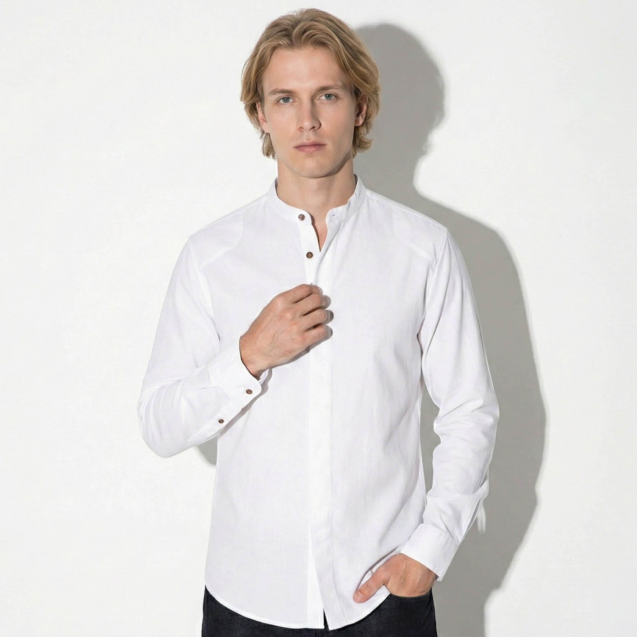 Freddie - Men's Long Sleeve Shirt with High Collar and Buttons - Shirt - White - Jones & Smith