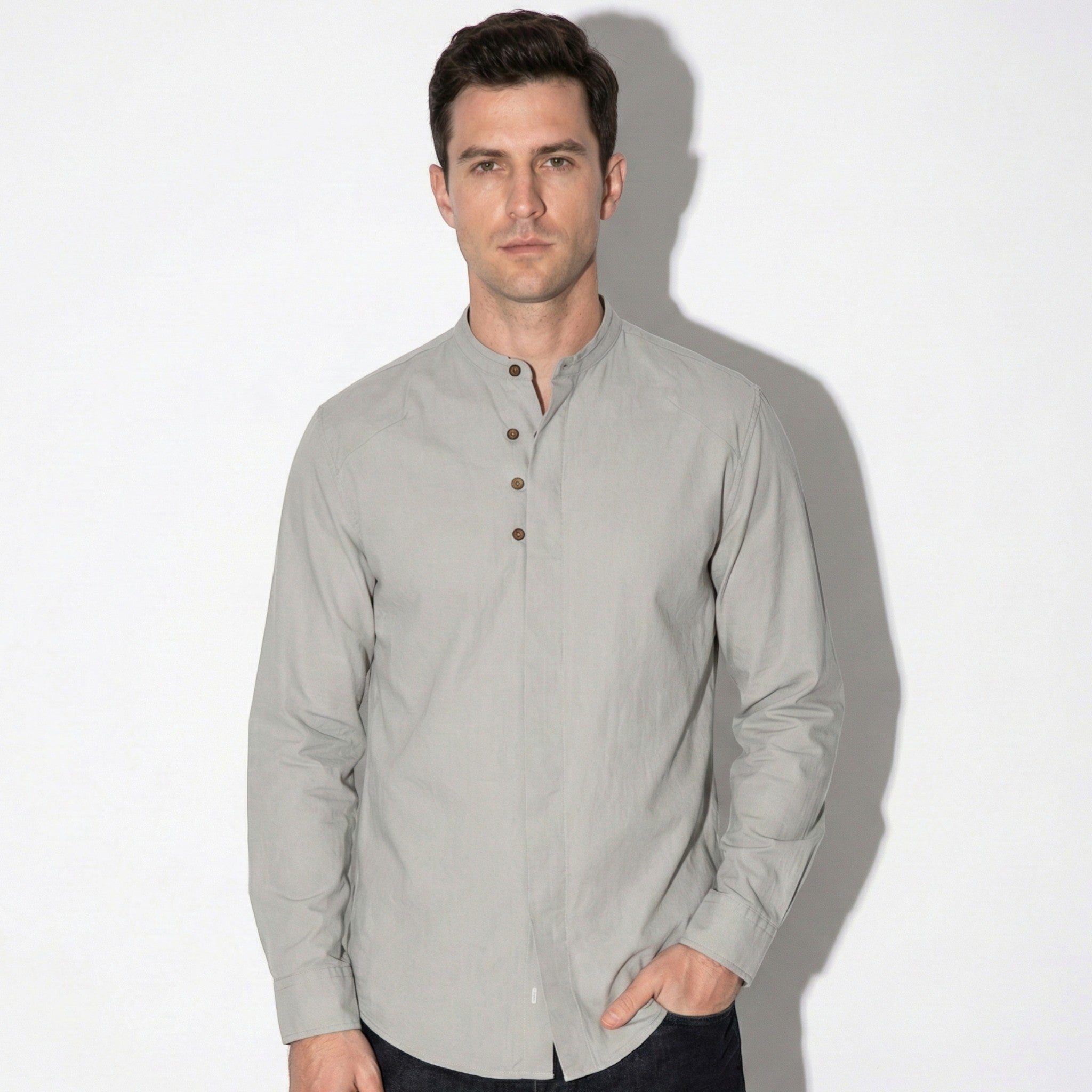 Freddie - Men's Long Sleeve Shirt with High Collar and Buttons - Shirt - Grey - Jones & Smith