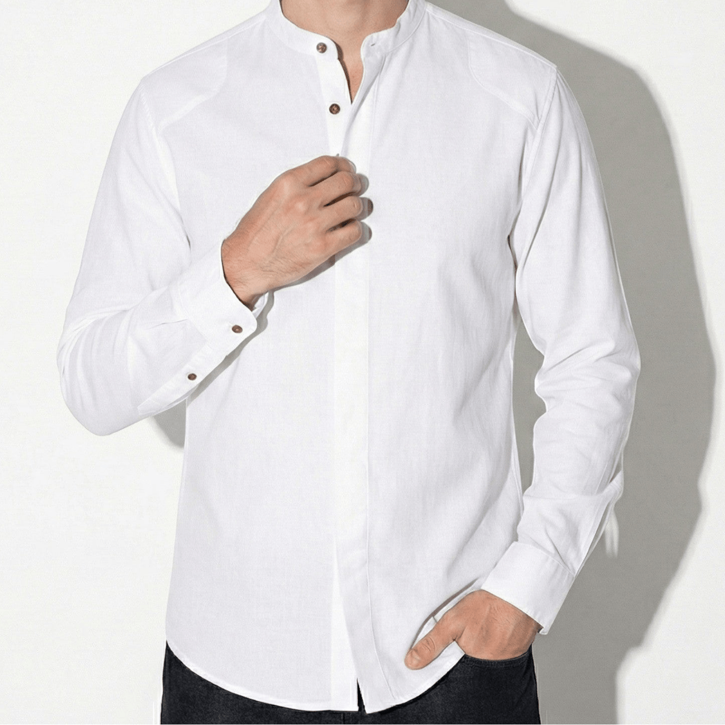 Freddie - Men's Long Sleeve Shirt with High Collar and Buttons - Shirt - White - Jones & Smith