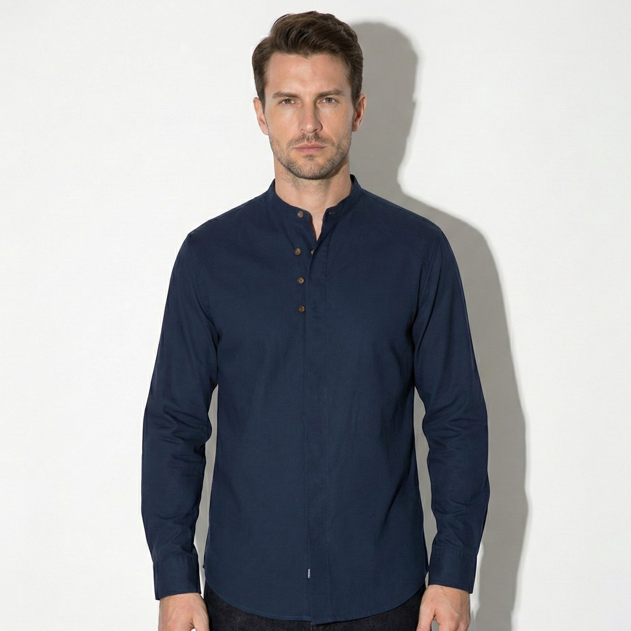 Freddie - Men's Long Sleeve Shirt with High Collar and Buttons - Shirt - Dark Blue - Jones & Smith