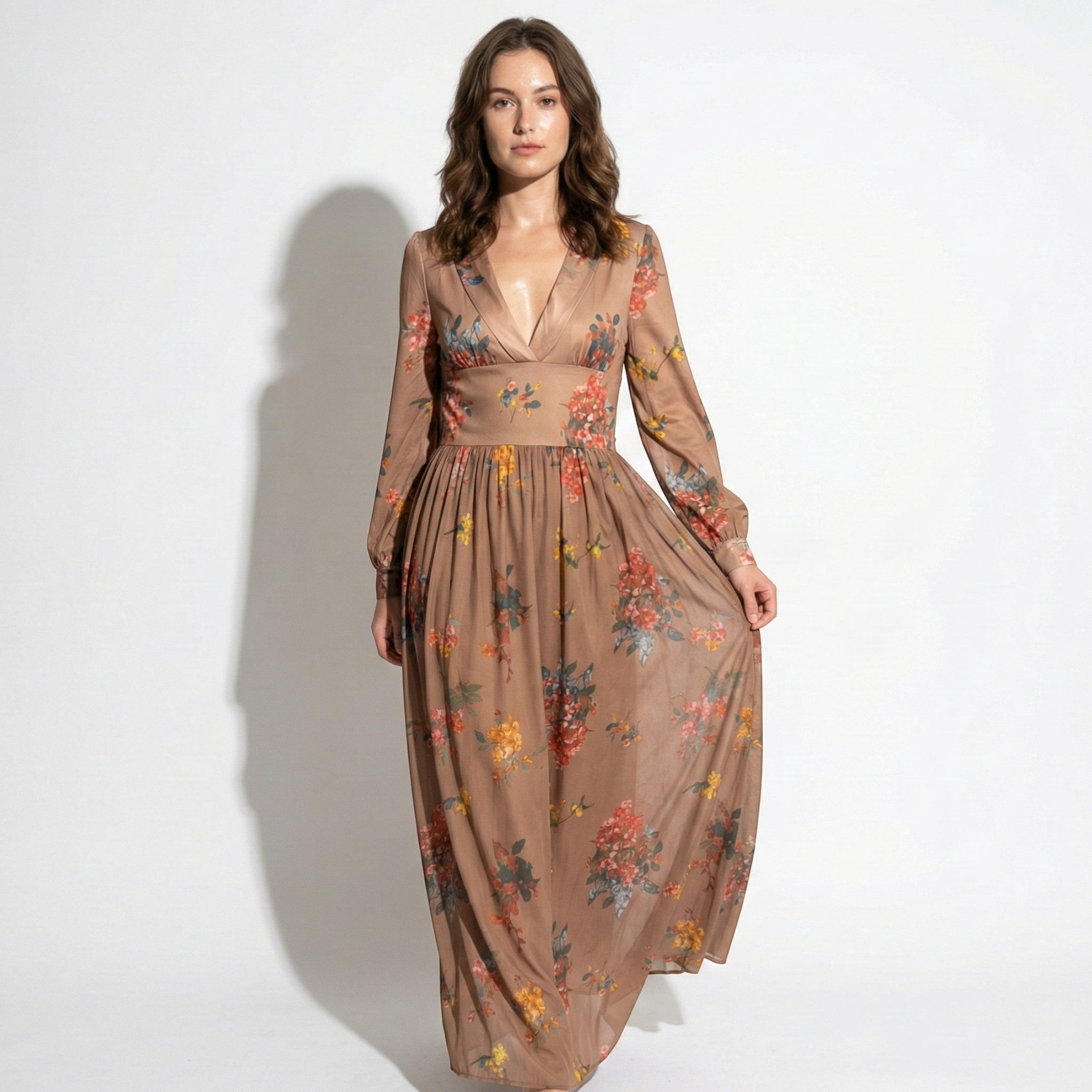 Freya - Women's Bohemian Maxi Dress with Floral Print and Ruffles - Dress - Brown - Jones & Smith