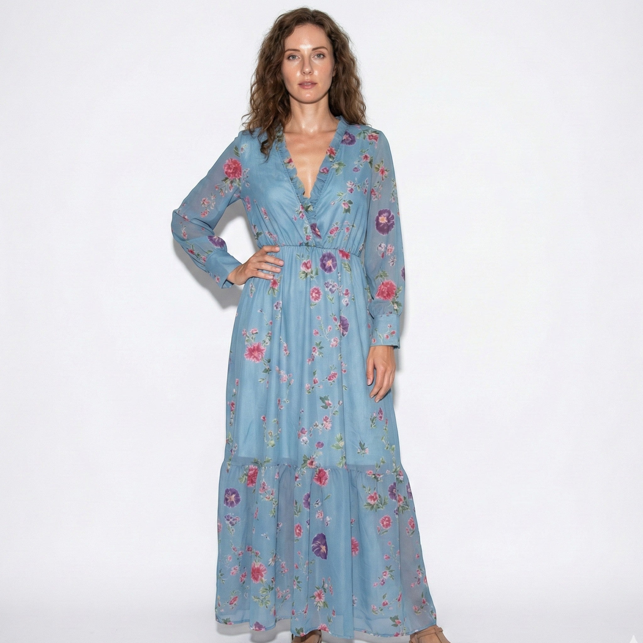 Freya - Women's Bohemian Maxi Dress with Floral Print and Ruffles - Dress - Blue - Jones & Smith