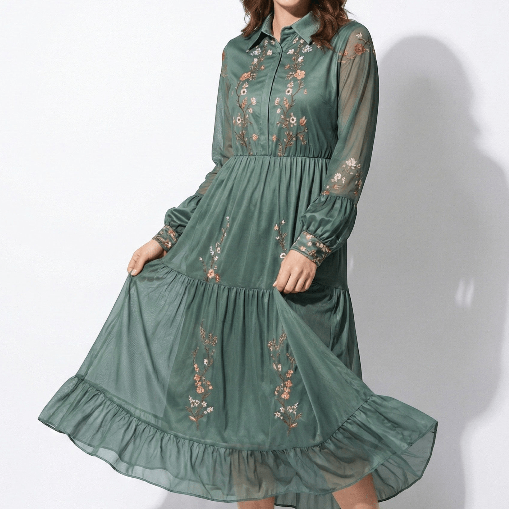 Freya - Women's Bohemian Maxi Dress with Floral Print and Ruffles - Dress - Dark Green - Jones & Smith