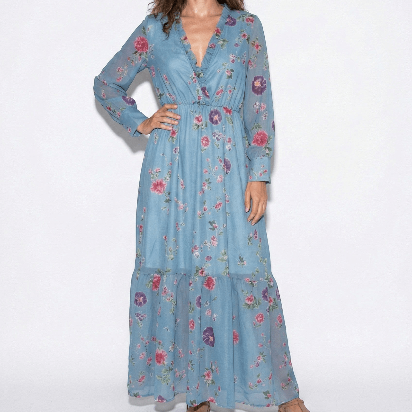 Freya - Women's Bohemian Maxi Dress with Floral Print and Ruffles - Dress - Blue - Jones & Smith