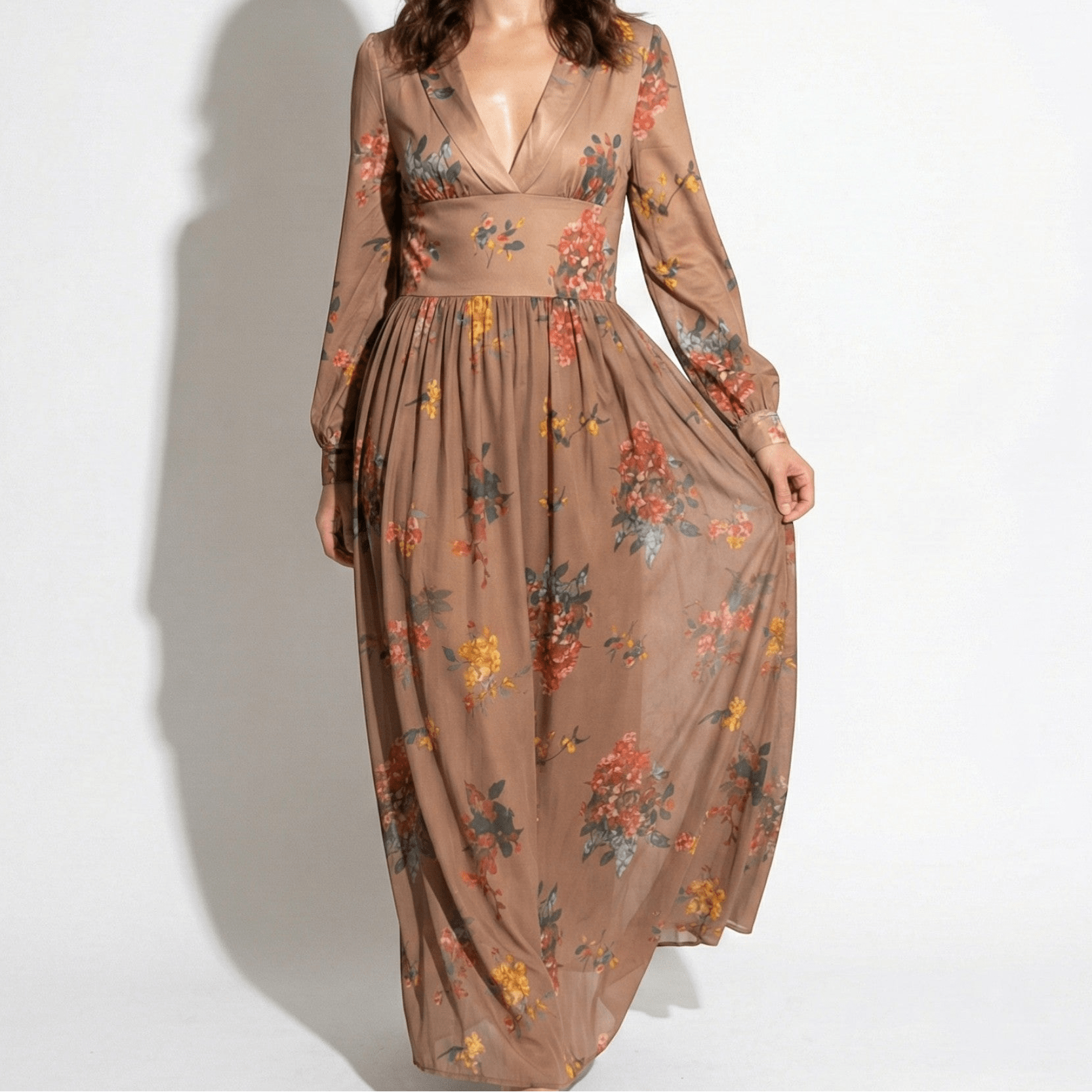 Freya - Women's Bohemian Maxi Dress with Floral Print and Ruffles - Dress - Brown - Jones & Smith