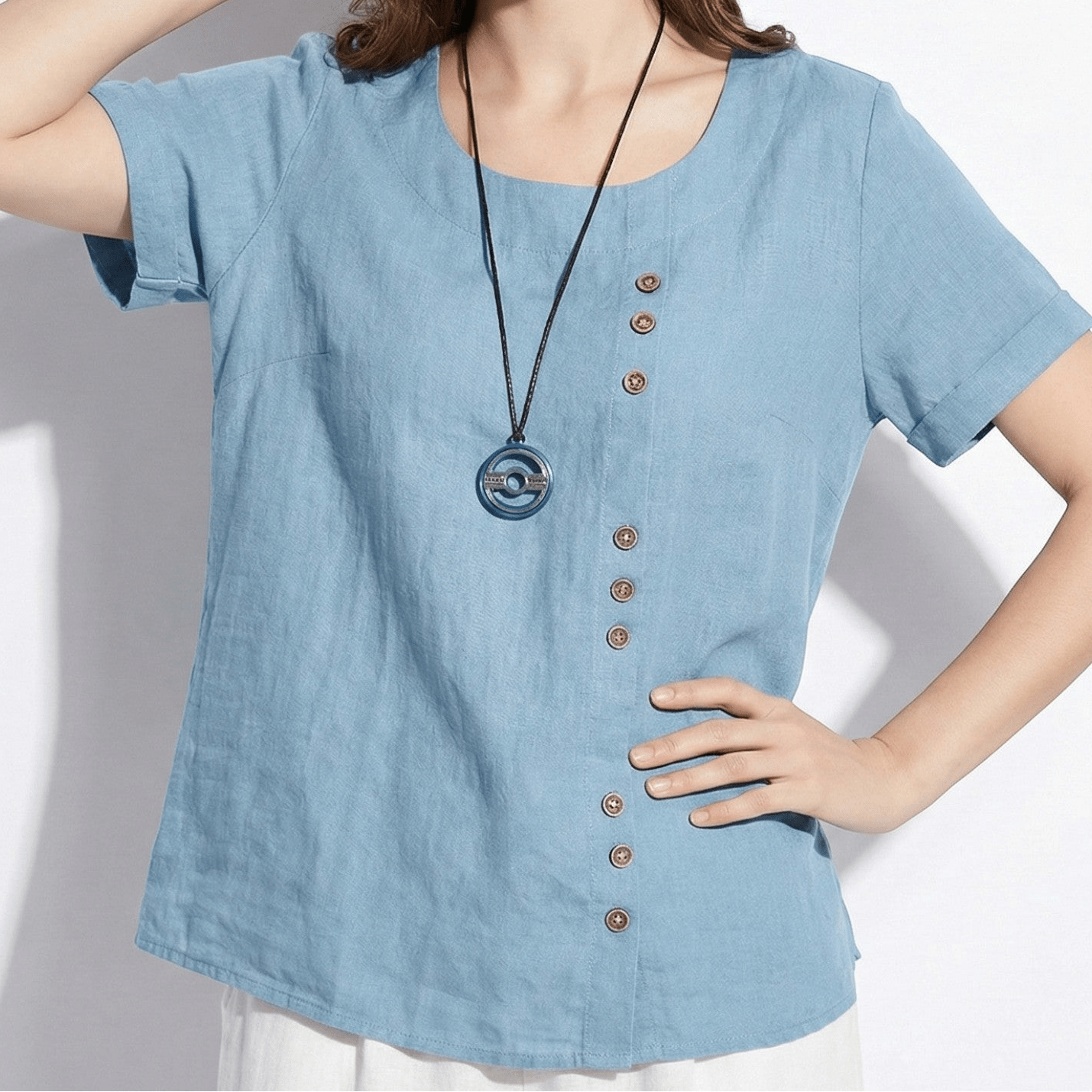 Freya - Women's Button Detail Short Sleeve Round Neck Blouse - Tops - Sky Blue - Jones & Smith
