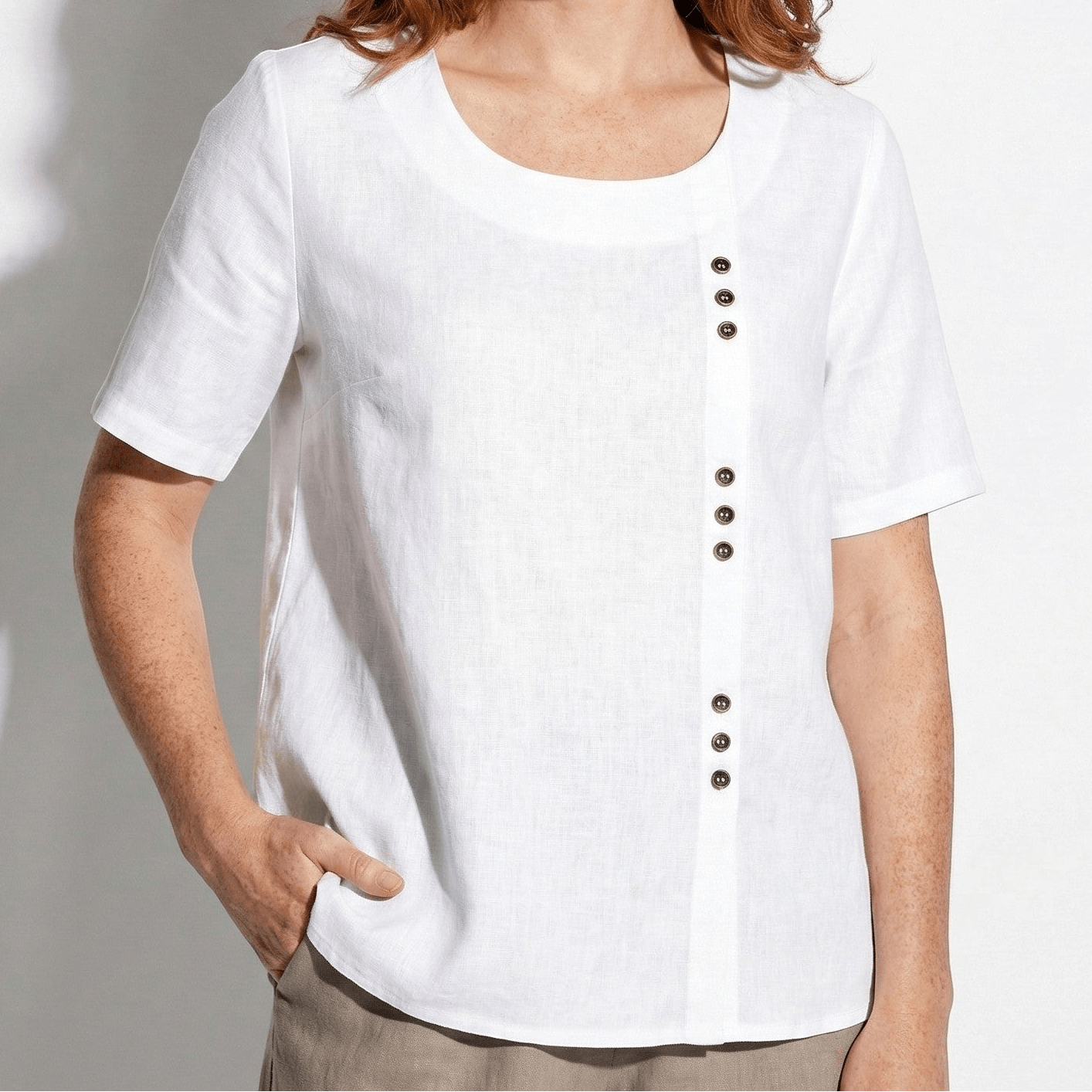 Freya - Women's Button Detail Short Sleeve Round Neck Blouse - Tops - White - Jones & Smith