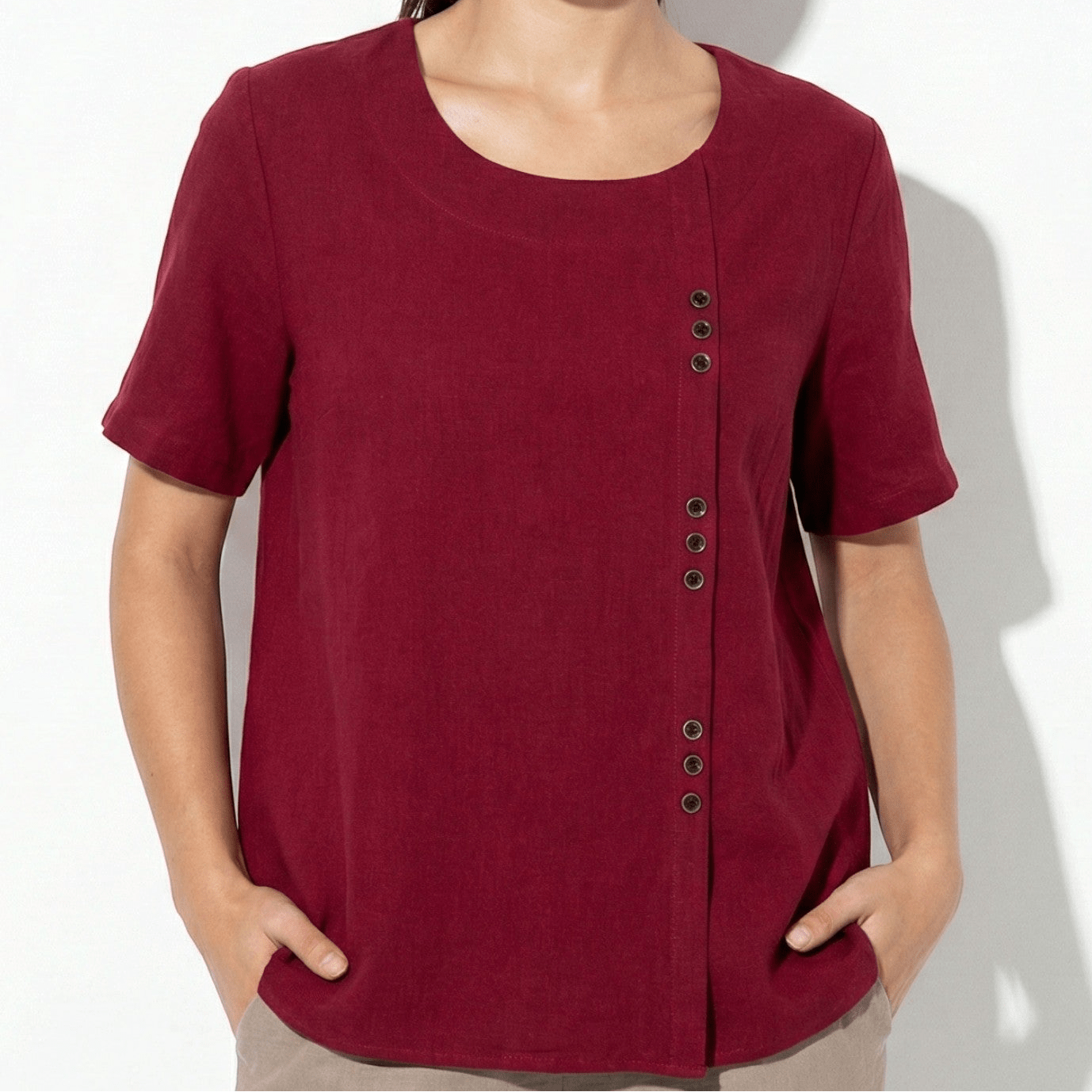 Freya - Women's Button Detail Short Sleeve Round Neck Blouse - Tops - Burgundy - Jones & Smith
