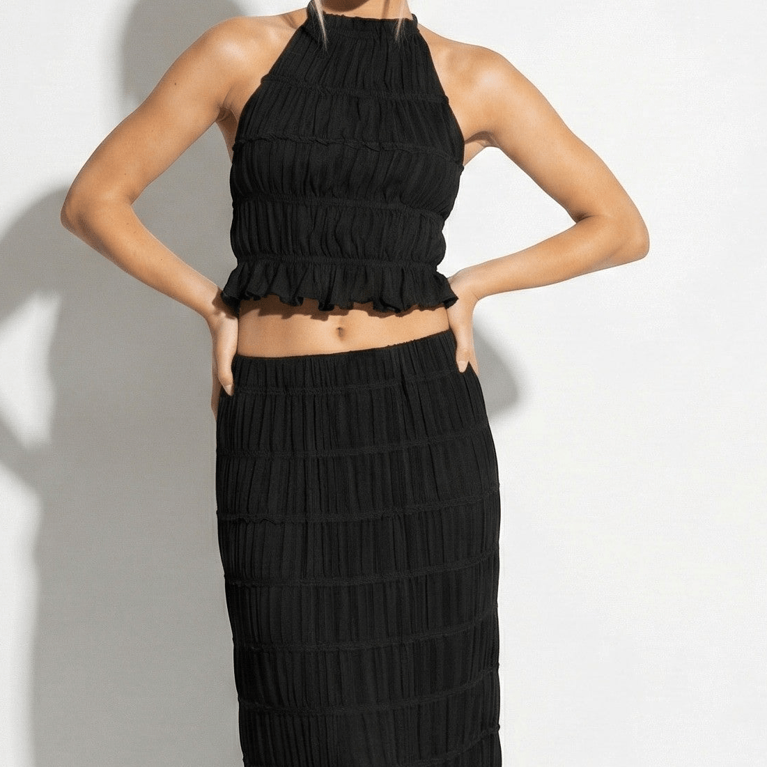 Freya - Women's Two Piece Halter Neck Top and Maxi Skirt Set - Sets - Black - Jones & Smith