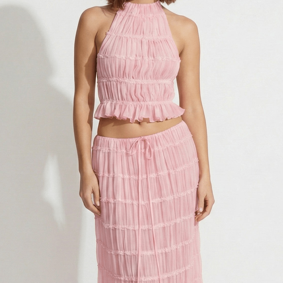 Freya - Women's Two Piece Halter Neck Top and Maxi Skirt Set - Sets - Pink - Jones & Smith