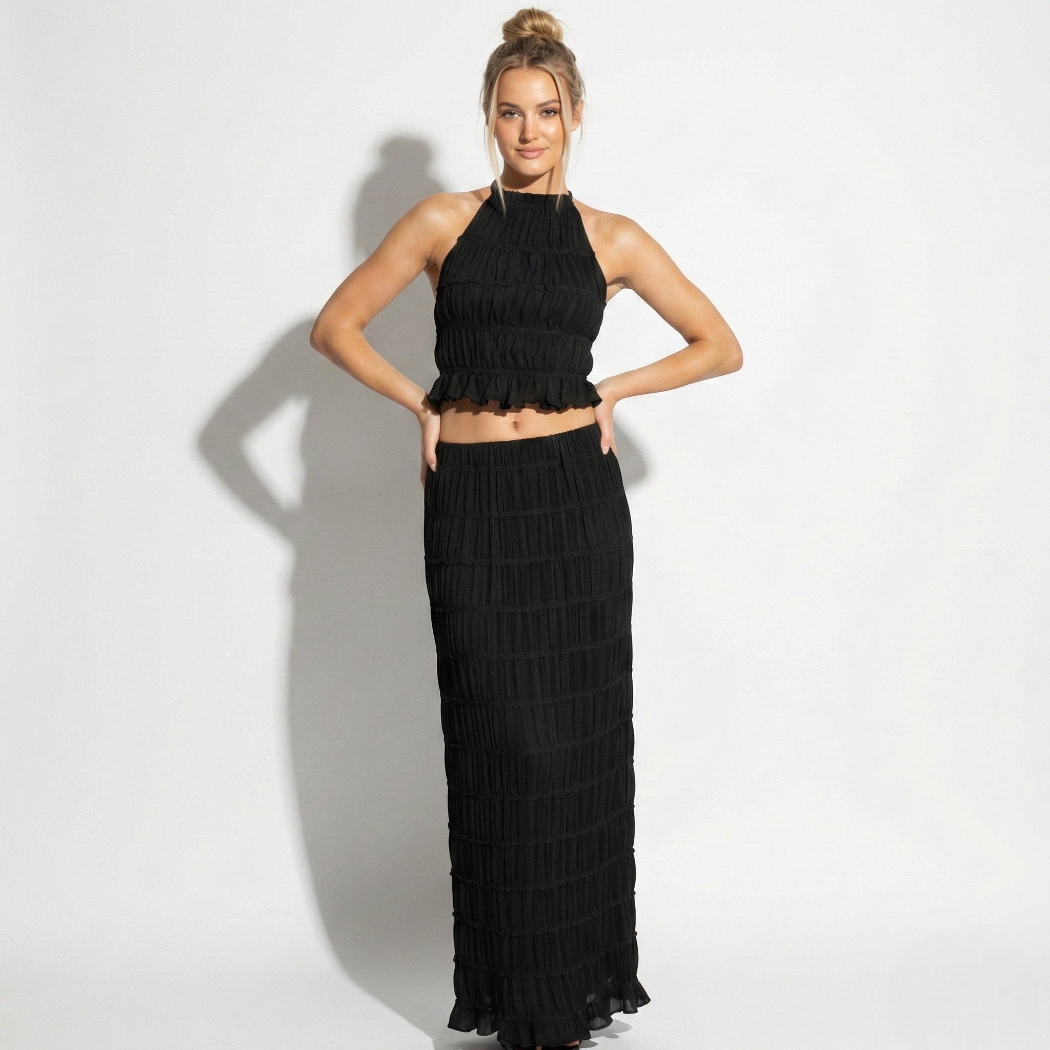Freya - Women's Two Piece Halter Neck Top and Maxi Skirt Set - Sets - Black - Jones & Smith