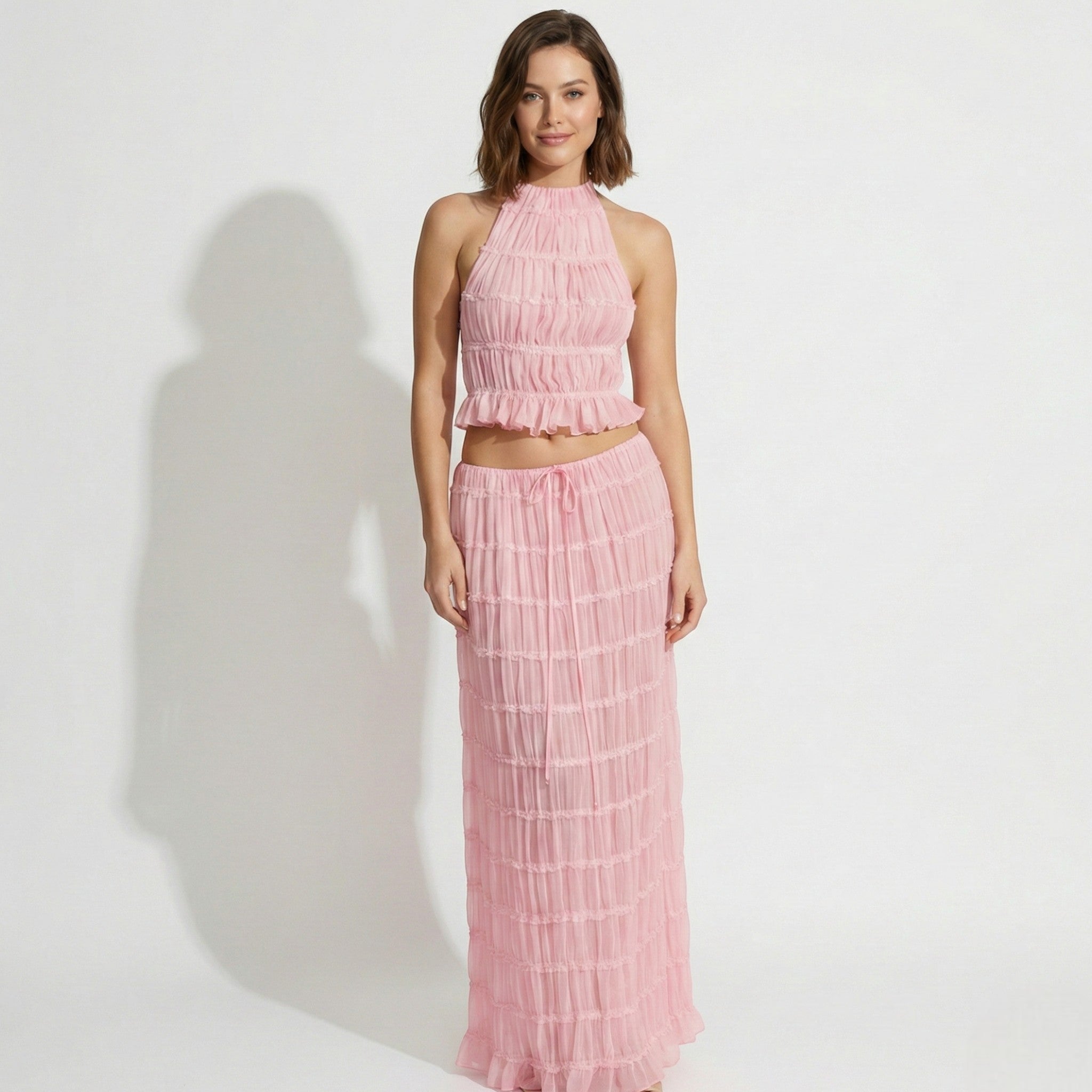 Freya - Women's Two Piece Halter Neck Top and Maxi Skirt Set - Sets - Pink - Jones & Smith