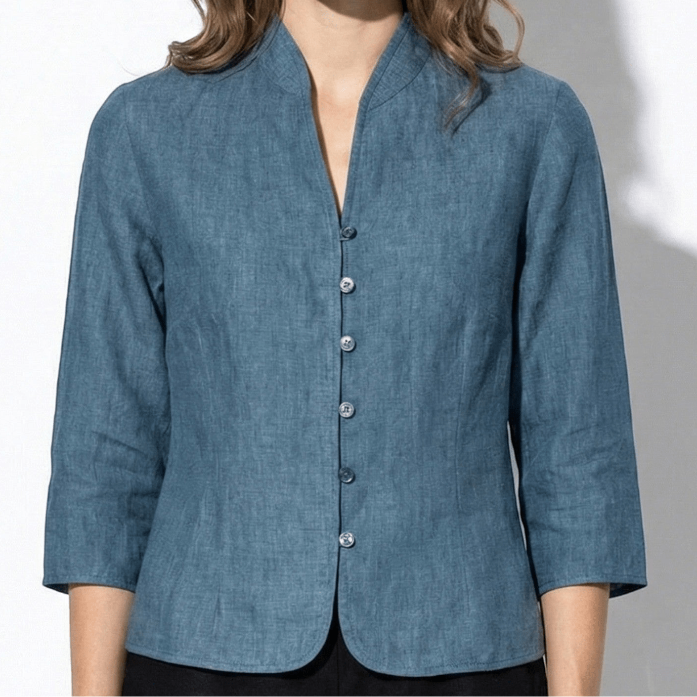 Gemma - Women’s Textured Linen Blouse with Stand - Up Collar - Women Blouse - Blue - Jones & Smith