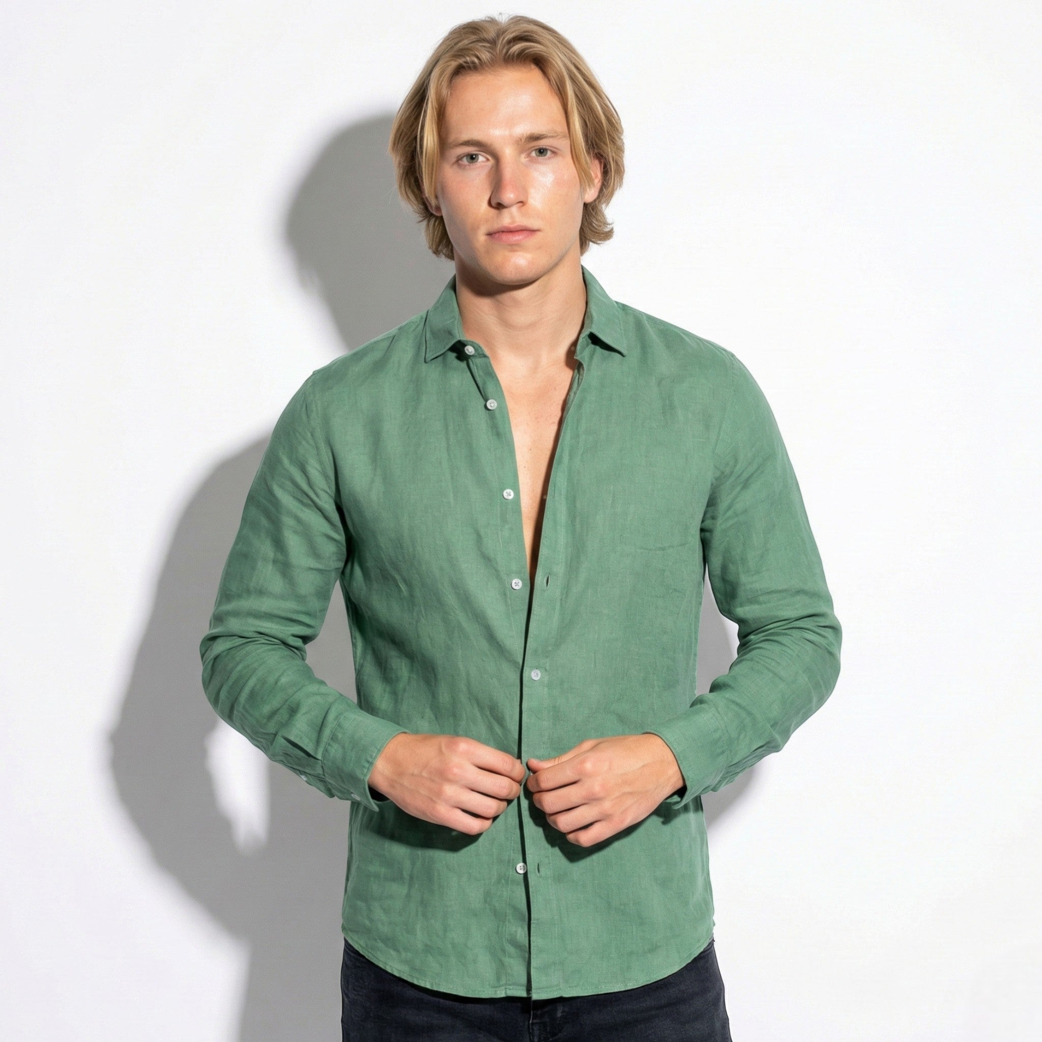 George - Men's Lightweight Long Sleeve Shirt with Button Front - Shirt - Green - Jones & Smith