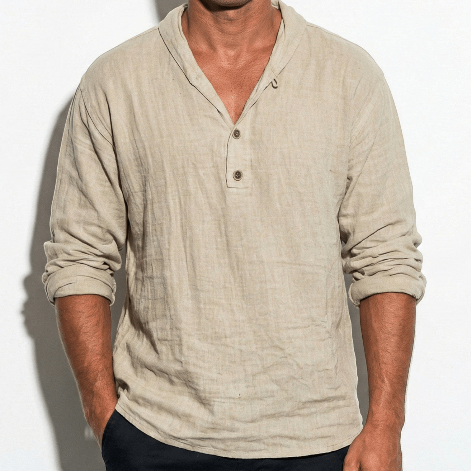 George - Men's Long Sleeve Casual V - Neck Shirt - Shirt - Brown - Jones & Smith