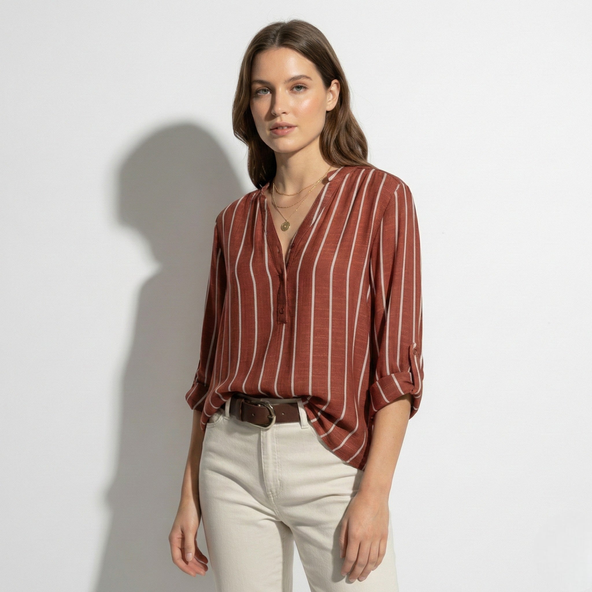 Georgia - Women's Lightweight Striped Blouse - Tops, T-shirts & Shirts - Rust - Jones & Smith