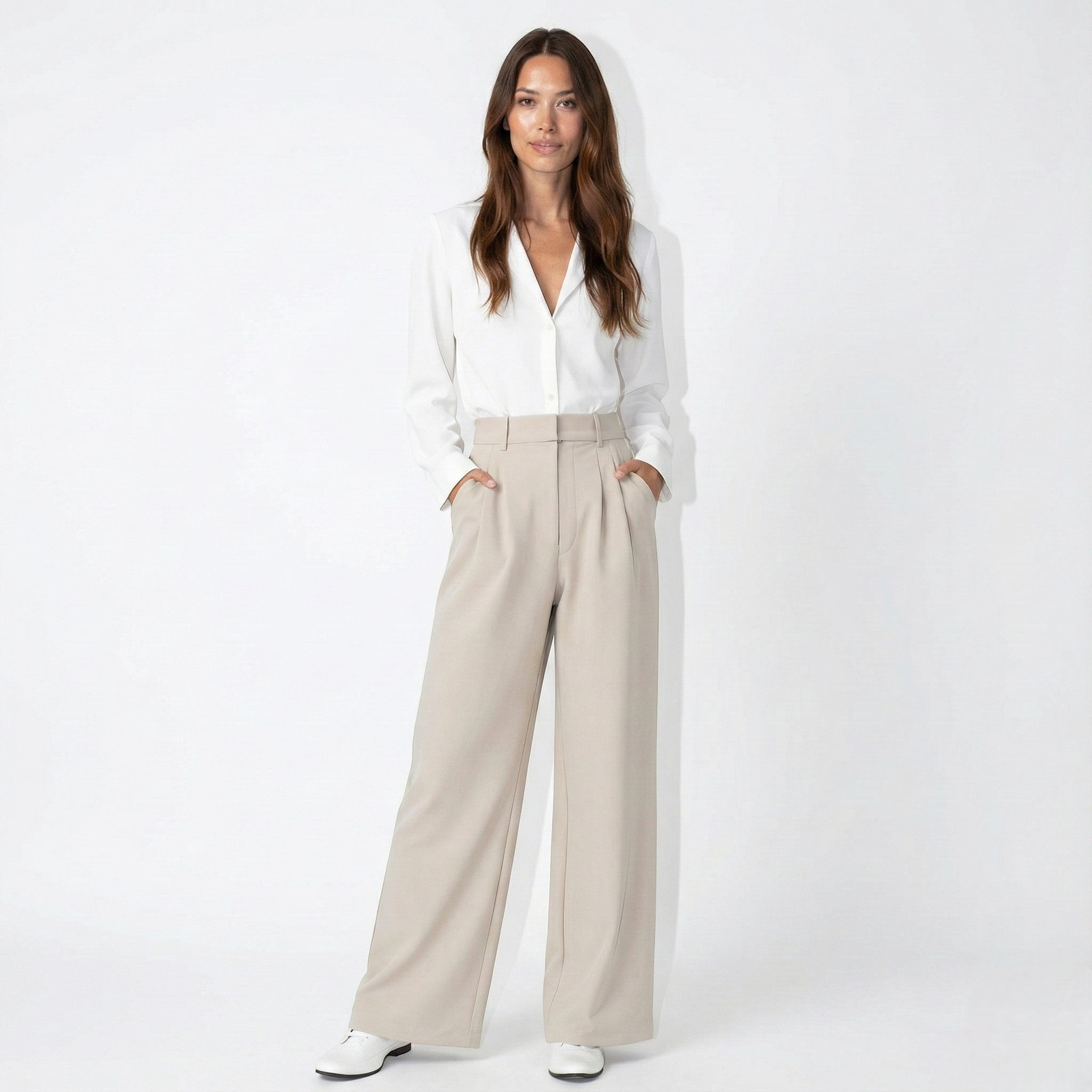 Georgia - Women's Relaxed Fit High - Waist Pleated Wide - Leg Trousers - Pants - Cream - Jones & Smith