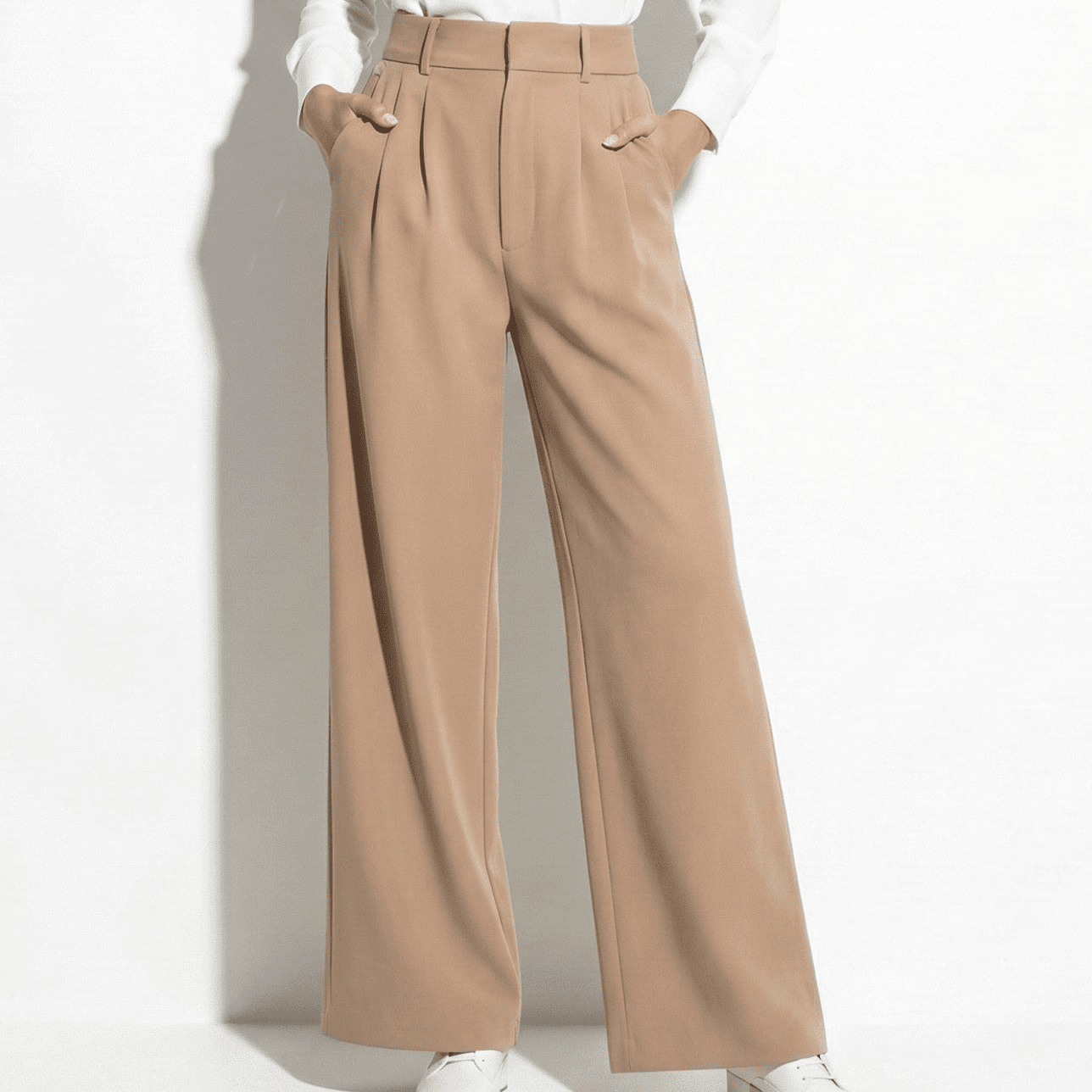 Georgia - Women's Relaxed Fit High - Waist Pleated Wide - Leg Trousers - Pants - Camel - Jones & Smith