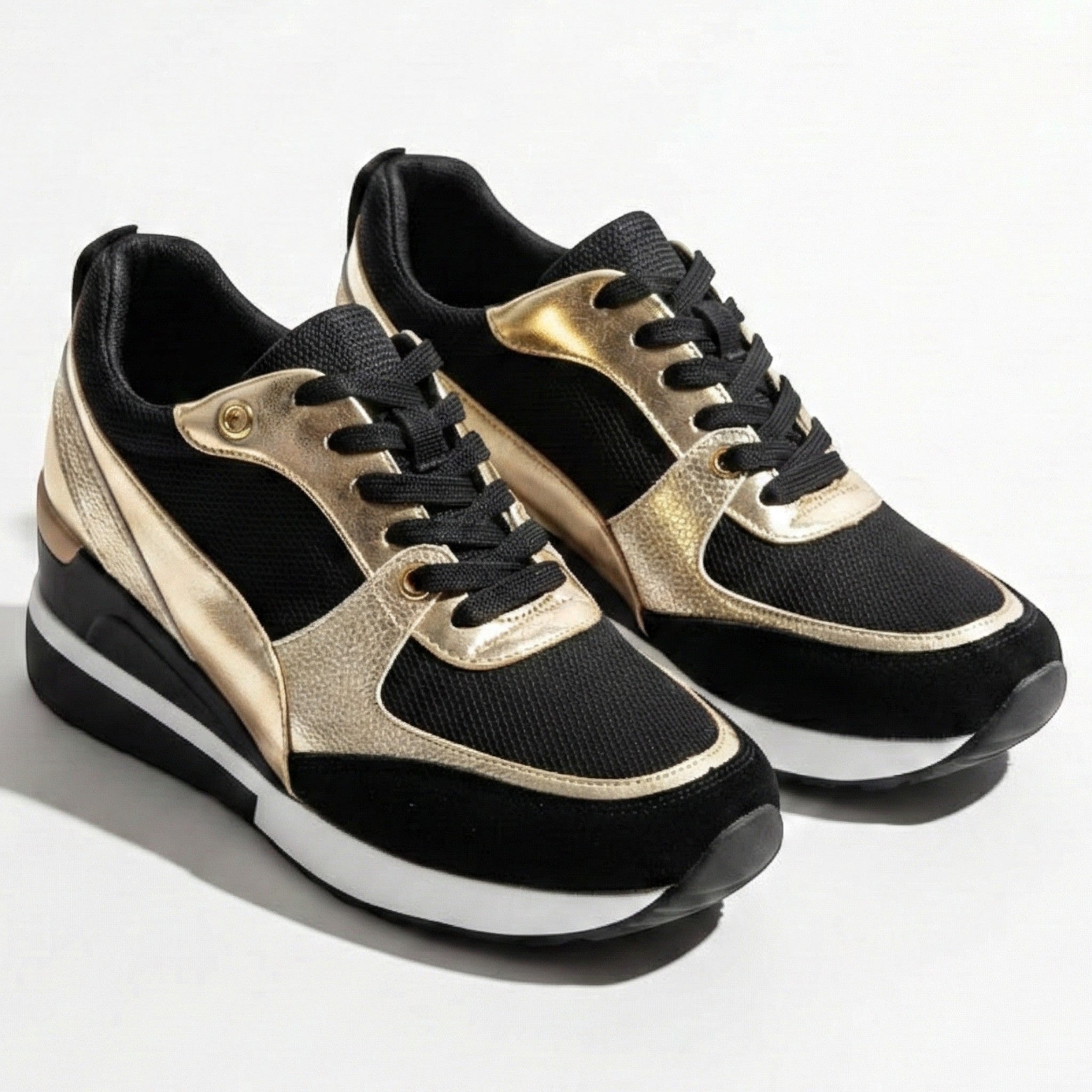 Georgia - Women’s Wedge Heel Trainers with Metallic Accents - Shoes - Black - Jones & Smith