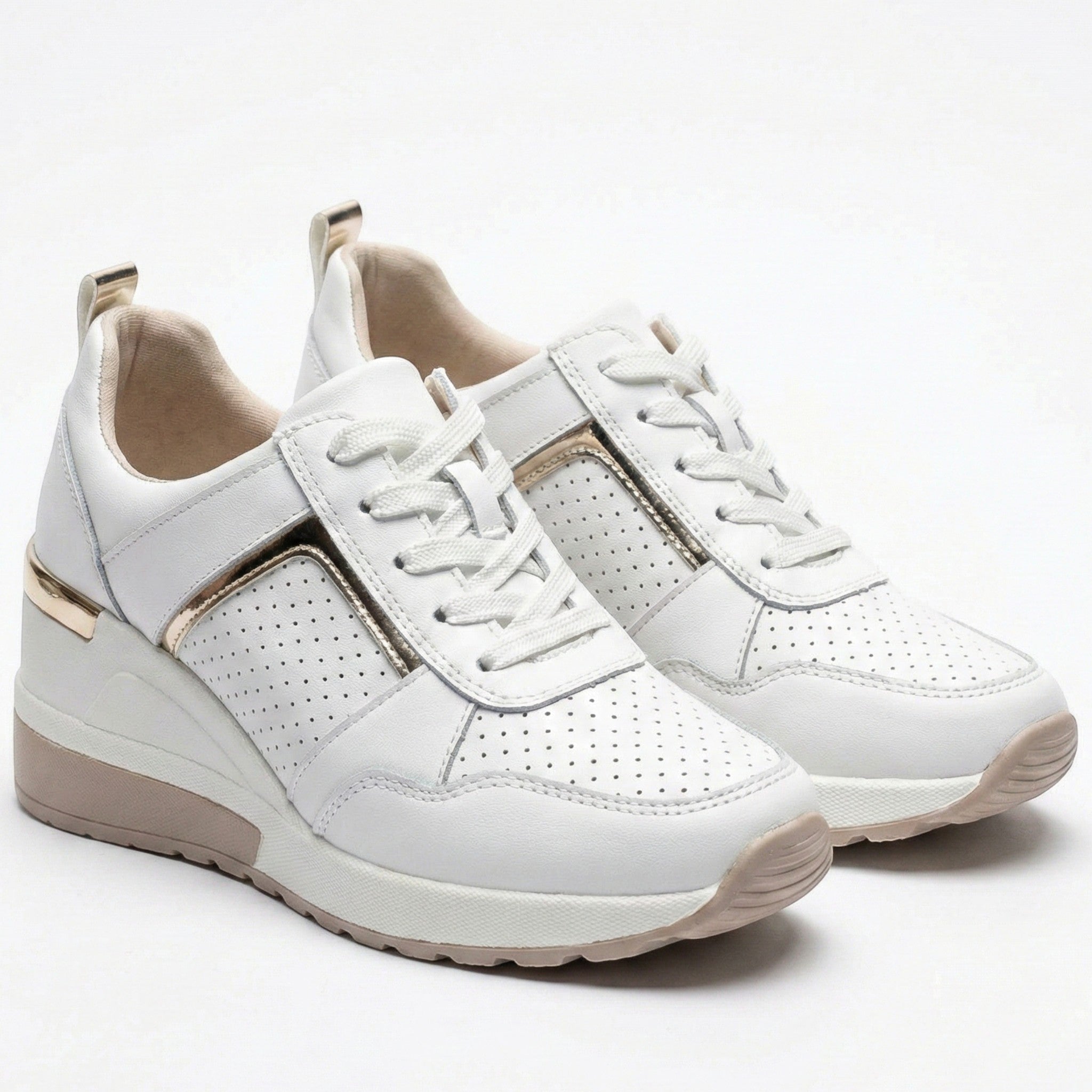 Georgia - Women’s Wedge Heel Trainers with Metallic Accents - Shoes - White - Jones & Smith