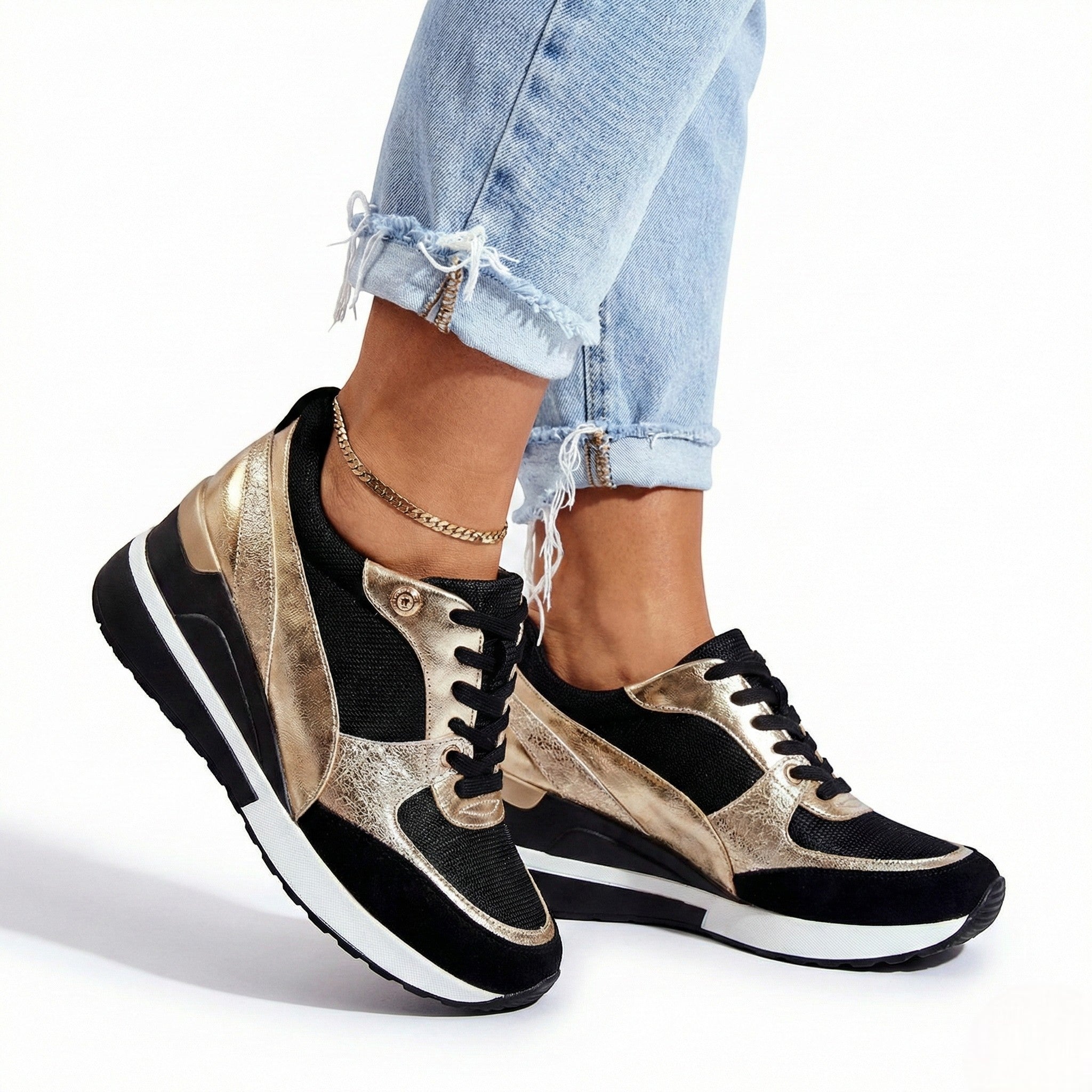 Georgia - Women’s Wedge Heel Trainers with Metallic Accents - Shoes - Black - Jones & Smith