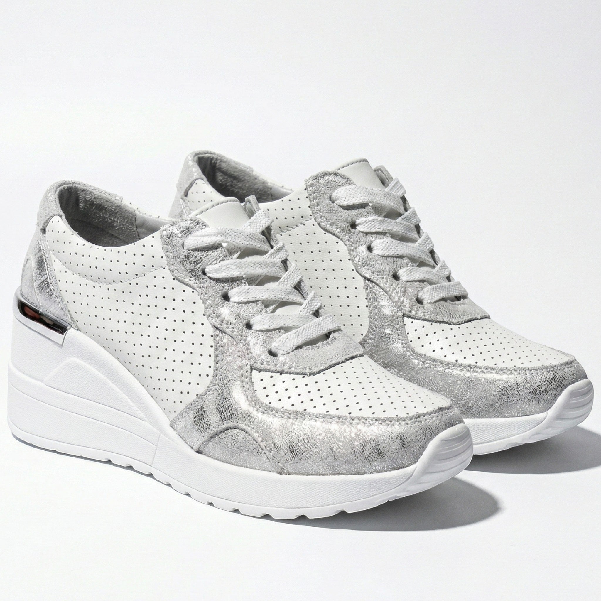 Georgia - Women’s Wedge Heel Trainers with Metallic Accents - Shoes - White/Grey - Jones & Smith