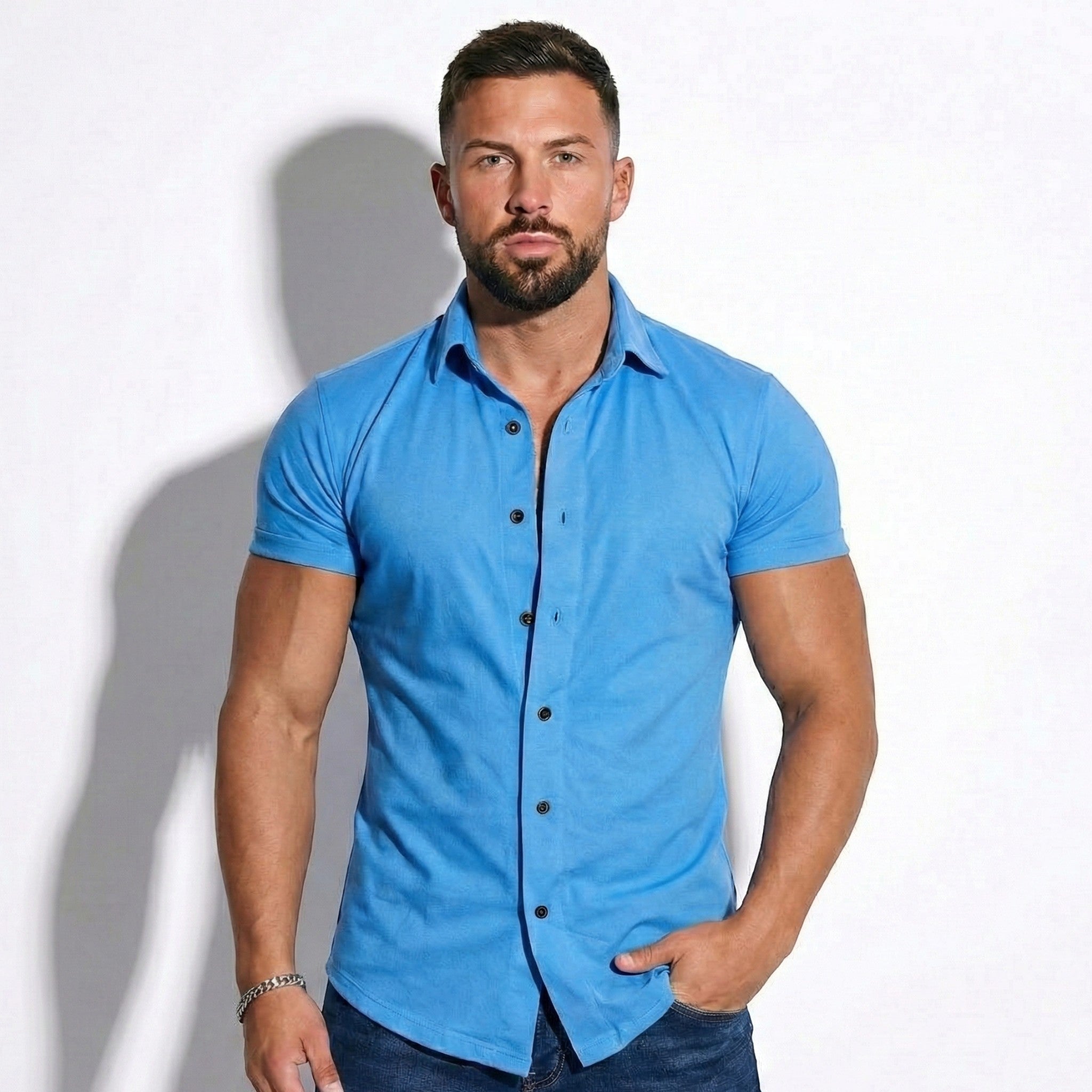 Gerald - Men's Slim - Fit Short Sleeve Shirt with Button Front - Shirts - Blue - Jones & Smith