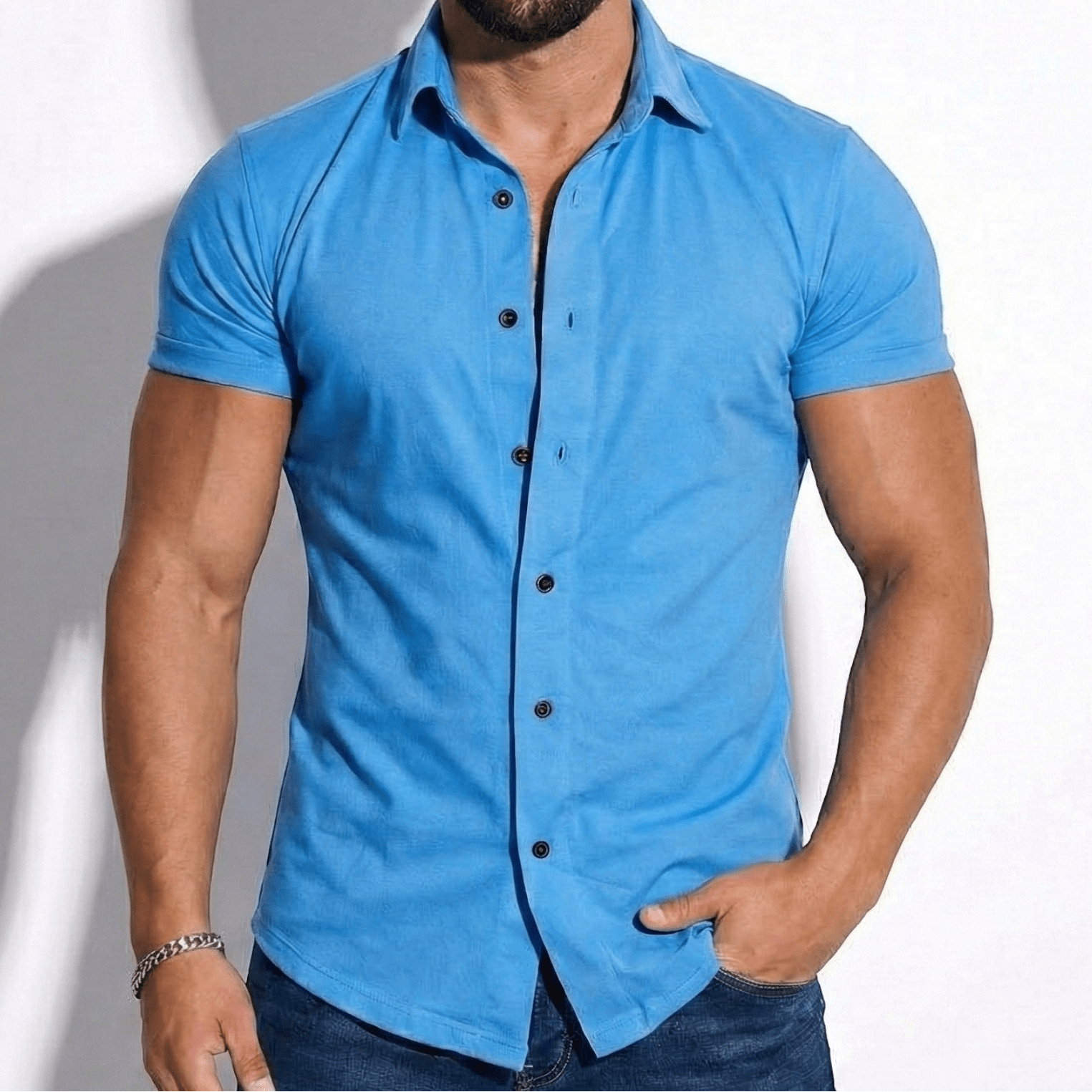Gerald - Men's Slim - Fit Short Sleeve Shirt with Button Front - Shirts - Blue - Jones & Smith