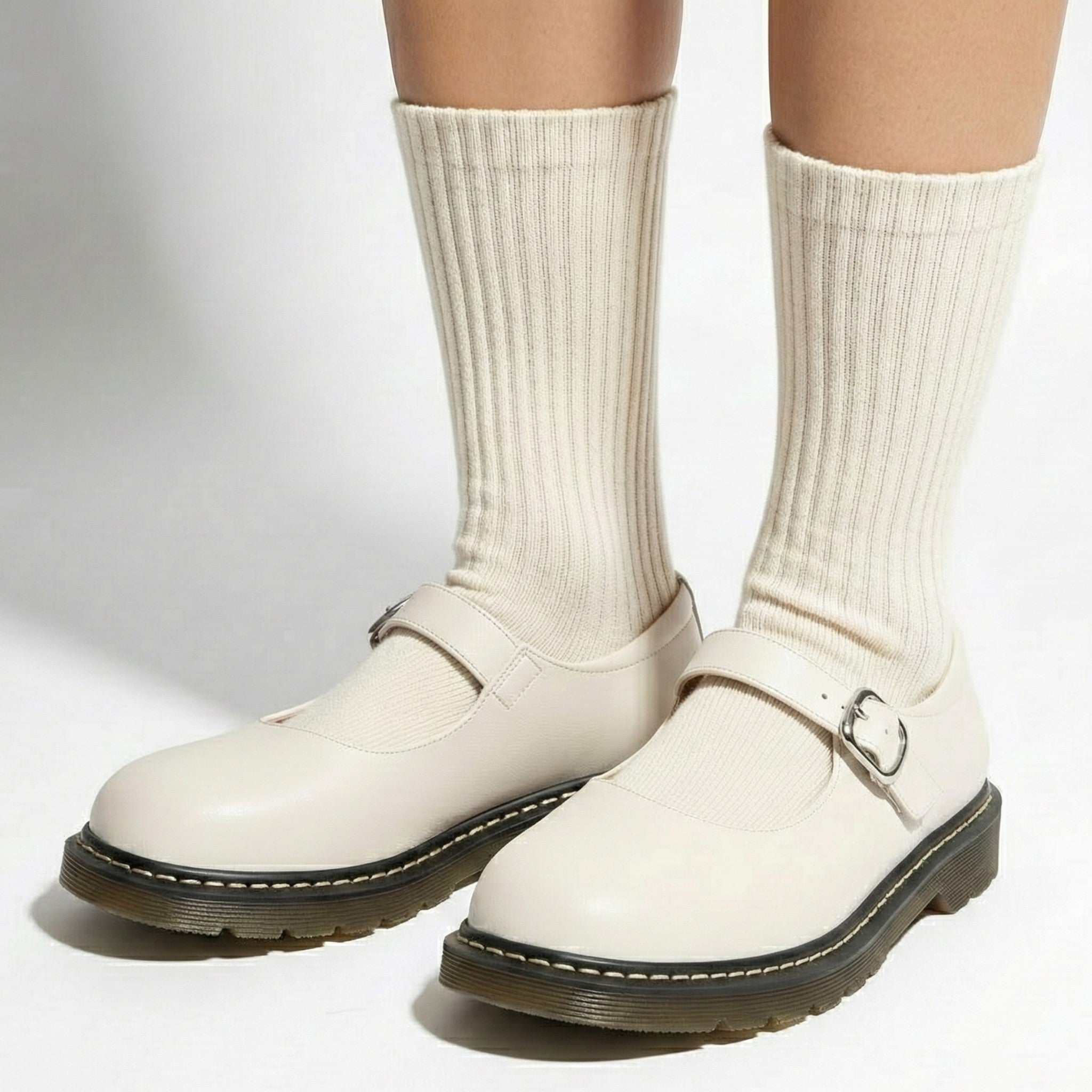 Grace - Women's Buckle Strap Mary Jane Shoes with Square Heel - Shoes - White - Jones & Smith